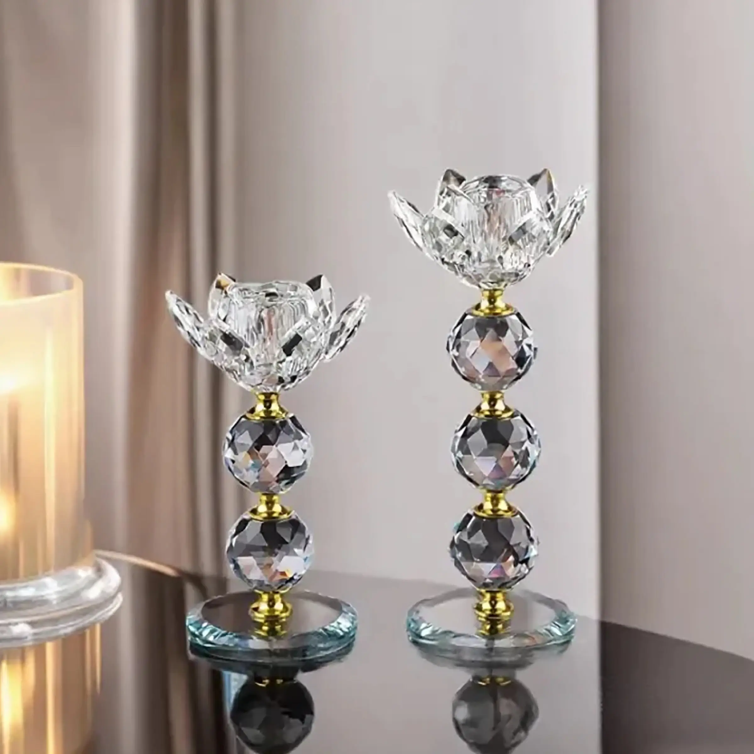 Crystal Taper Decorative Candle Holders Set of 2, Clear Gold | Two Heights, And 0.8-Inch Candle Fit for Dining Tables, Weddings, Mantels, Housewarmings, And Centerpieces