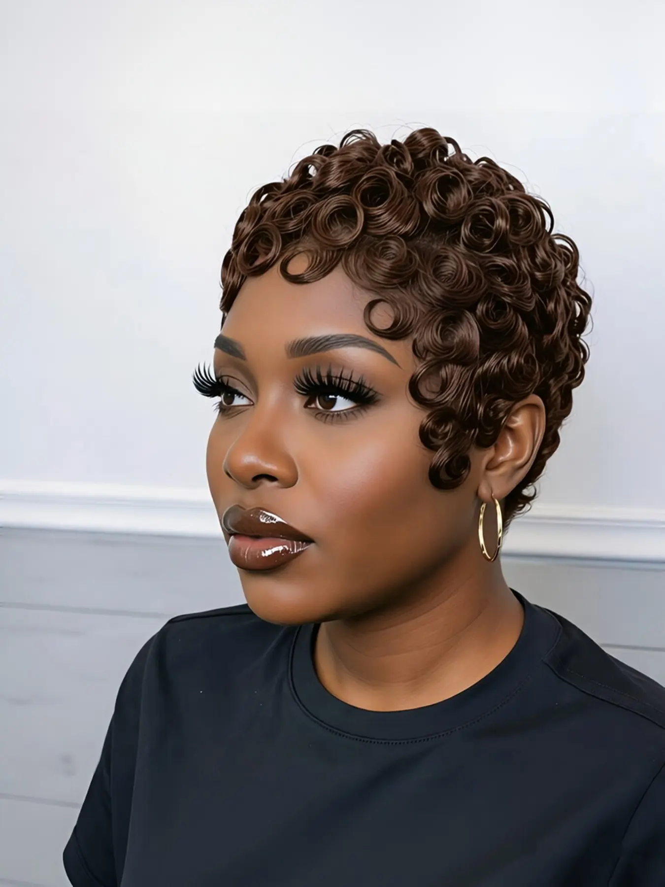 Pixie Human Hair Pixie Cut Wig, Short Curly Wavy Wig with Bangs, Natural, Rose Net Cap, Elegant Style for Women