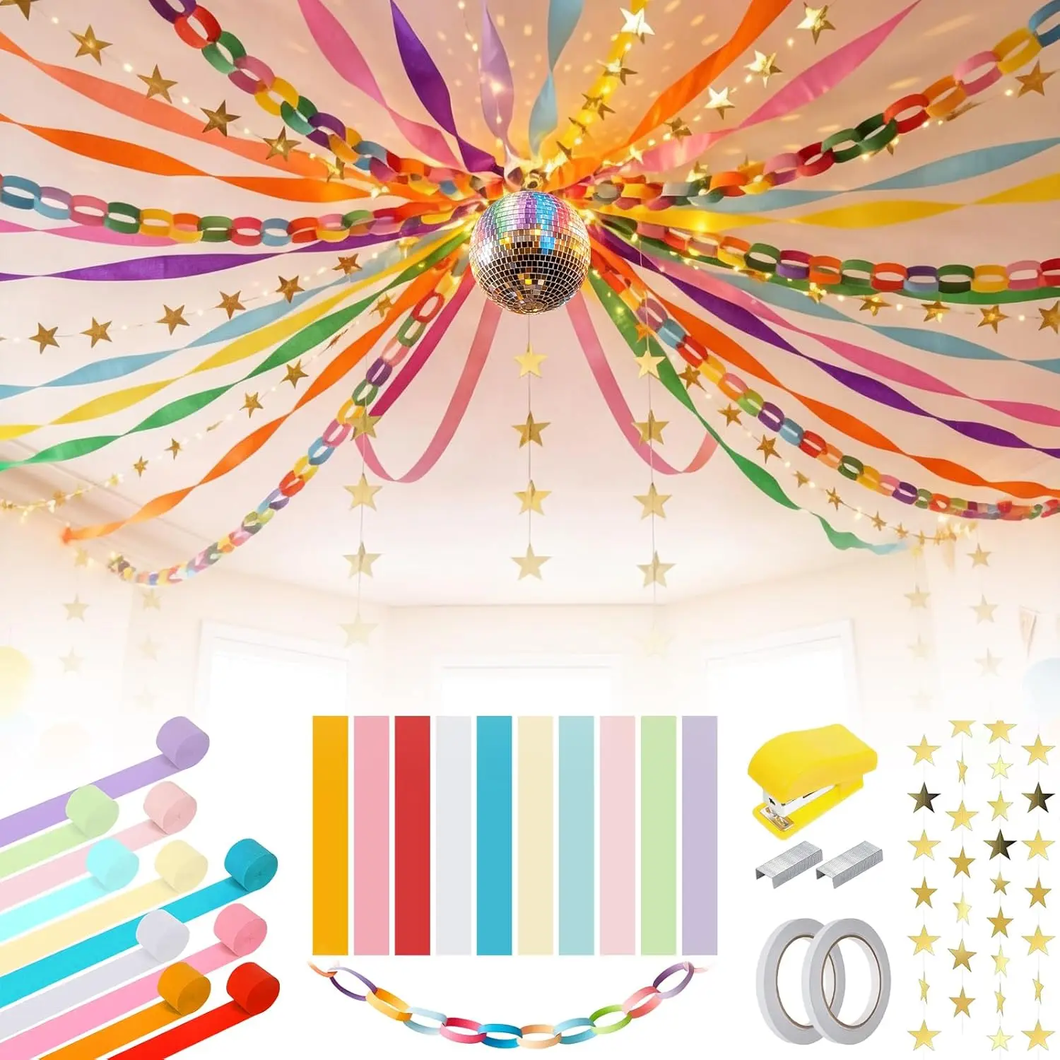 1000 Sheet Paper Chain Strips & Garland Set with 10 Rolls Crepe Paper Streamers+52.8ft Gold Star Garlands,Construction Paper Chain Kit for Birthday,Wedding,Classroom,Party Decorations DIY Crafts