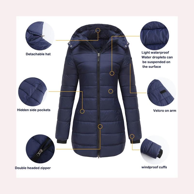BIGWIG women's autumn and winter long warm parka, detachable hood, windproof and warm down jacket, autumn and winter warm cotton jacket, windproof and waterproof jacket, windproof and waterproof jacket, mid-length slim warm hooded cotton jacket
