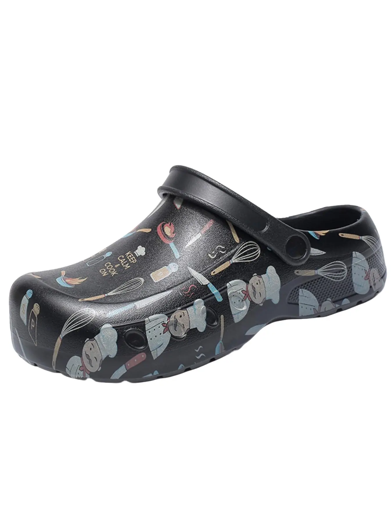 Men's Extra Large Chef Print Non-Slip Shoes, Kitchen Clogs, Waterproof Kitchen Work Shoes, Breathable Oil-Resistant Toe Slippers, Back Kitchen Specialized Sandals, Sizes 46-50