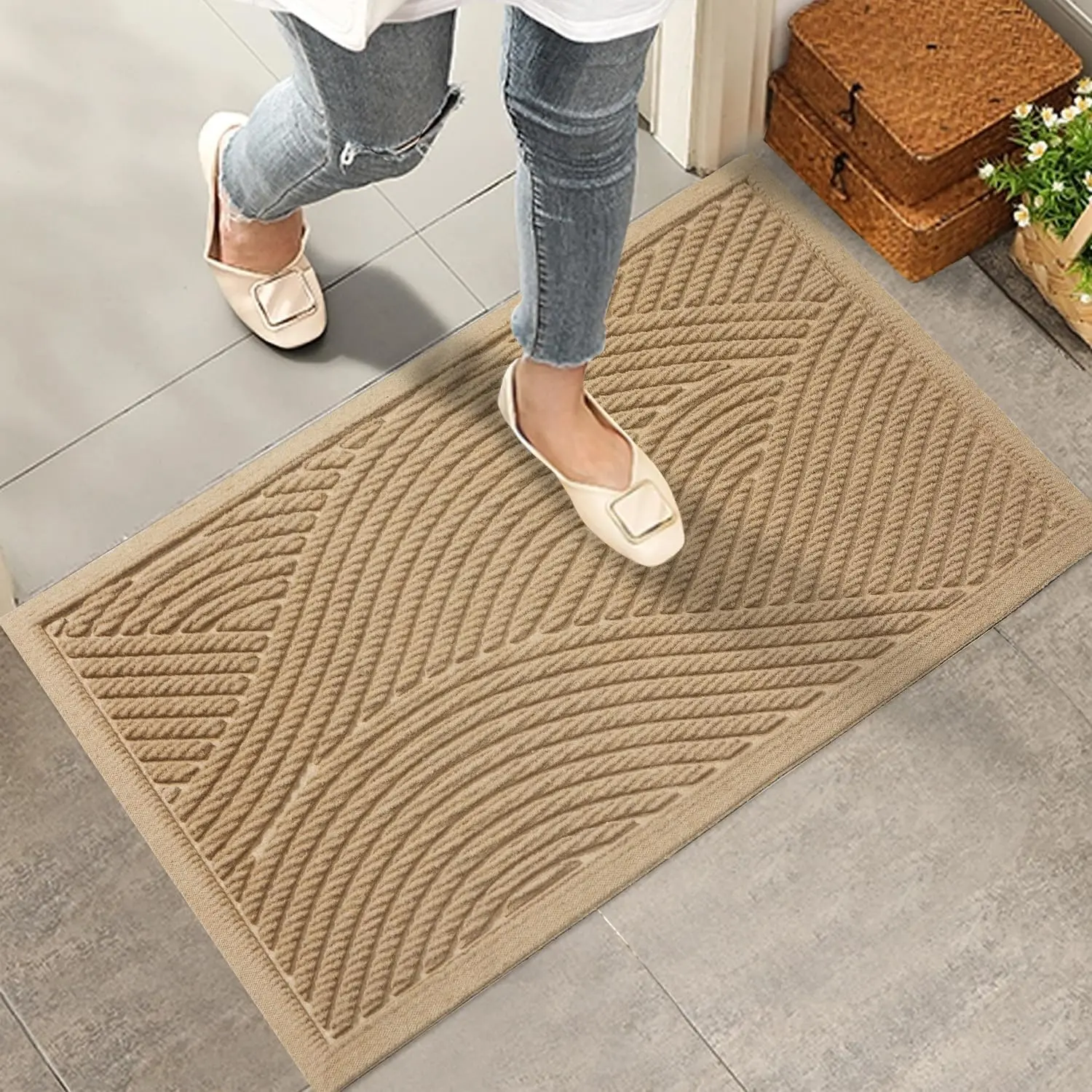 Sturdy Front Door Mat, Absorbent Dirt Resist Welcome Door Mats Indoor, Stain and Fade Resistant, Non-Slip Backing Mat Low Doormat for Entryway, 29*17, Beige