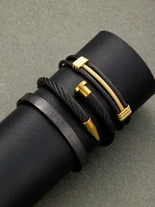 Men 3PCS Two-Tone Titanium Steel Bracelet Set, Roman Numeral Cuff & Wire Cable Stackable Bangles, Hypoallergenic Waterproof Masculine Streetwear Jewelry, Ideal Birthday Gift for Guys