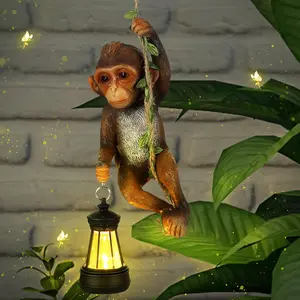 Solar Light Outdoor Monkey Statues Brown 7.48 Inch Resin Chimpanzee Baby Monkey Climbing on Vine with LED Lantern Waterproof Hanging Figurine with Hook for Yard Garden Wall