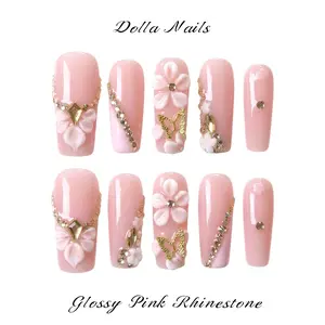 Dolla Nails 100% Handmade Long Square Press-On Nails|Luxury Elegant Style| 3D White Flower Gold Hollow Butterfly Rhinestone Chain Inlay Detail|High-End Coquette Design|Salon Quality|Reusable|No Nail Damage|Perfect for Daily Wear & Vacation, 100% Handcraft