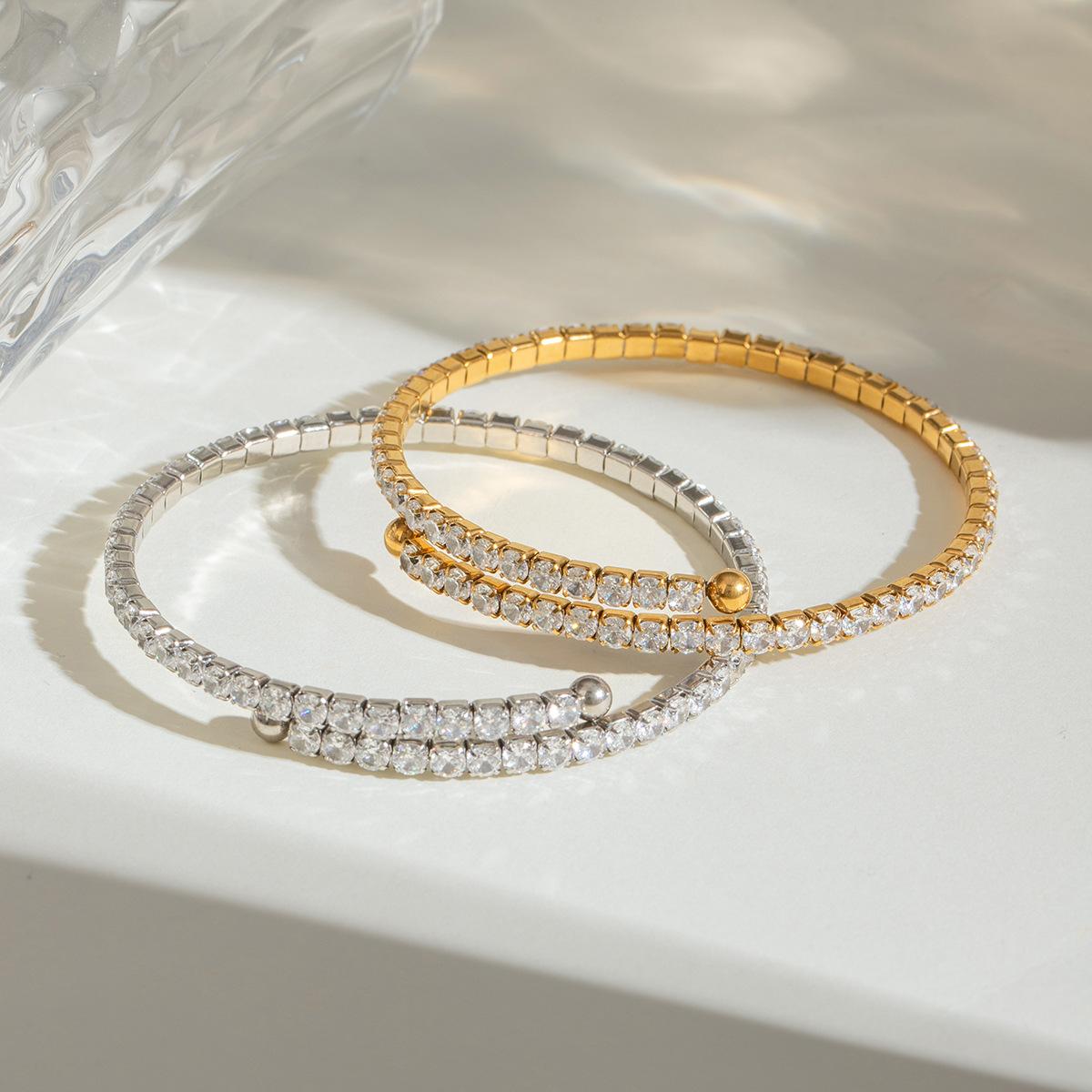 Stainless Steel White CZ Paved Bangle, Luxury Minimalist & Versatile Titanium Steel  Jewelry Bracelets Matching Heart Charm