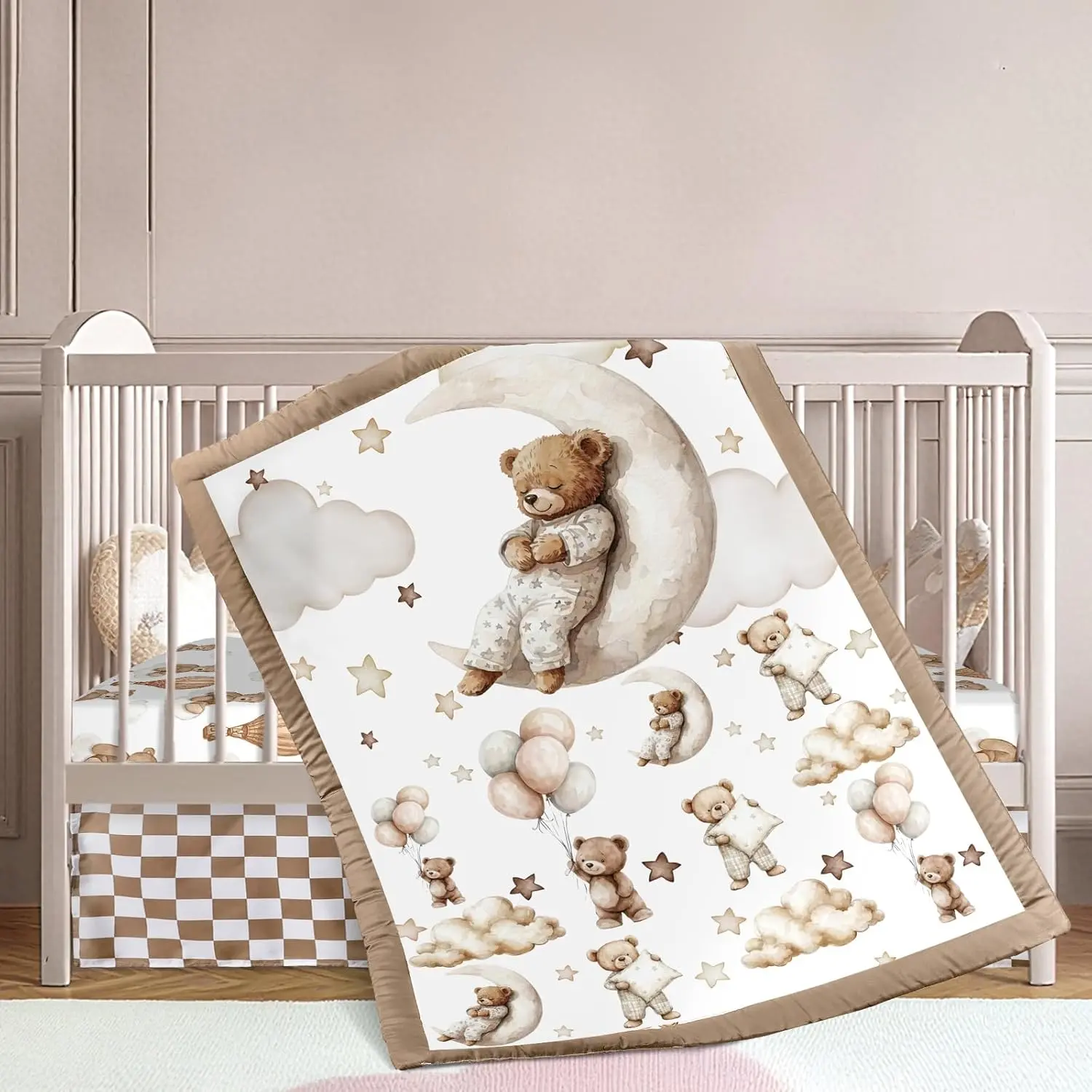 3-Piece Woodland Theme Rectangular Baby Crib Bedding Set - Safari Animals, Teddy Bear Design, Includes Quilt + Sheet, Fitted Sheet, Skirt for Baby Boys & Girls (Brown)