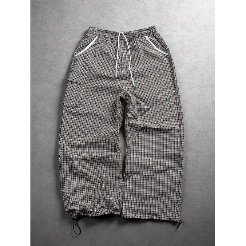Men's Mini Grid Plaid Drawstring Cargo Jogger Pants - White Piped Pocket Trim, Adjustable Ankle Drawcords, Lightweight Wrinkled Polyester Fabric, Loose Wide Silhouette, Vintage Casual Street Trousers for Summer Outdoor Daily Outfits, Machine Washable, Mac