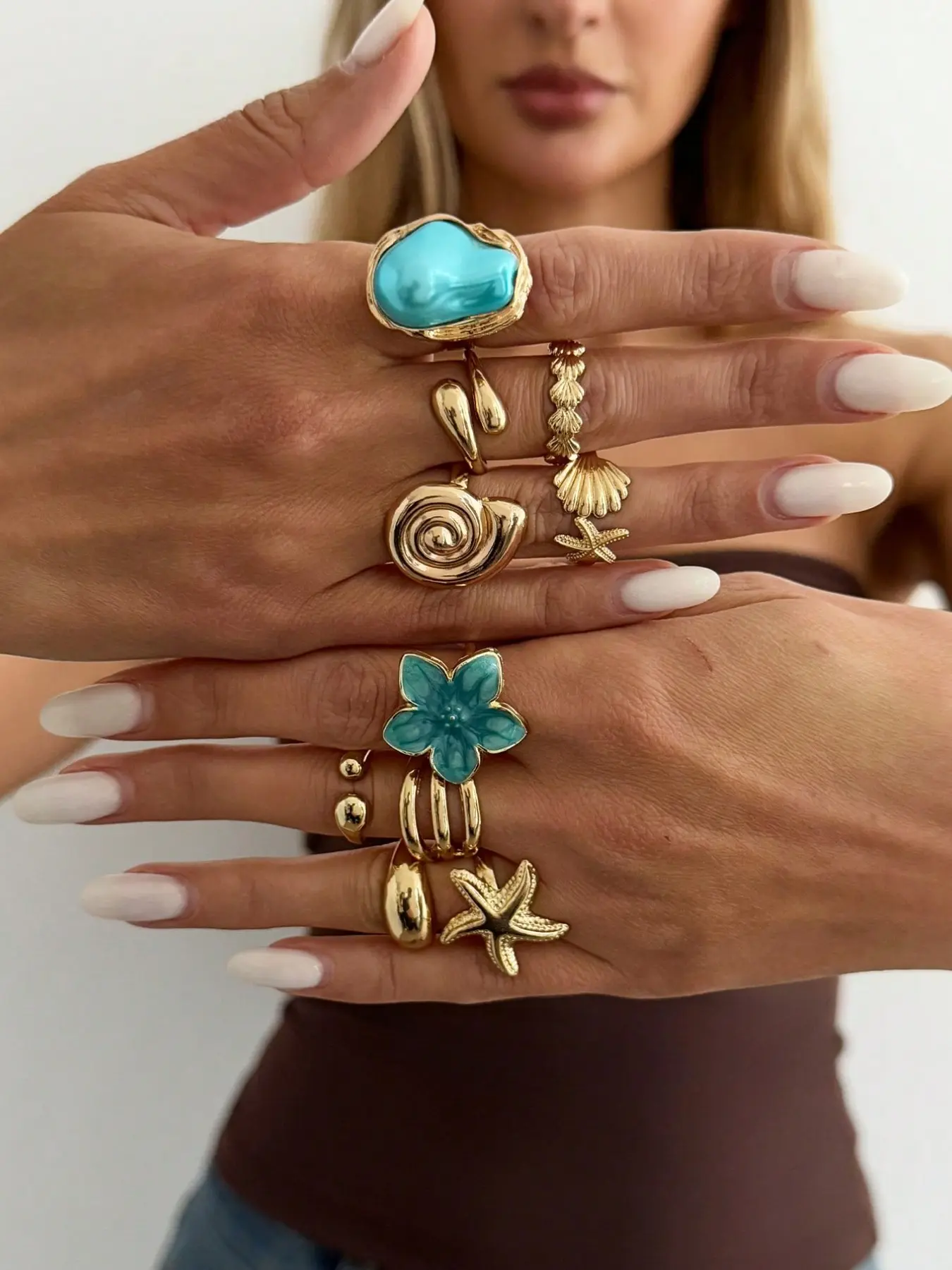 10pcs Bohemian Vacation Style Oil Drip Flower & Starfish Ring Set, Sweet Cool Hot Girl Ins Alloy Flower Ocean Stackable Rings, Stacking Rings, Cute Rings, Holiday Gift, Beach Vacation, Birthday Gift Exquisite Jewelry