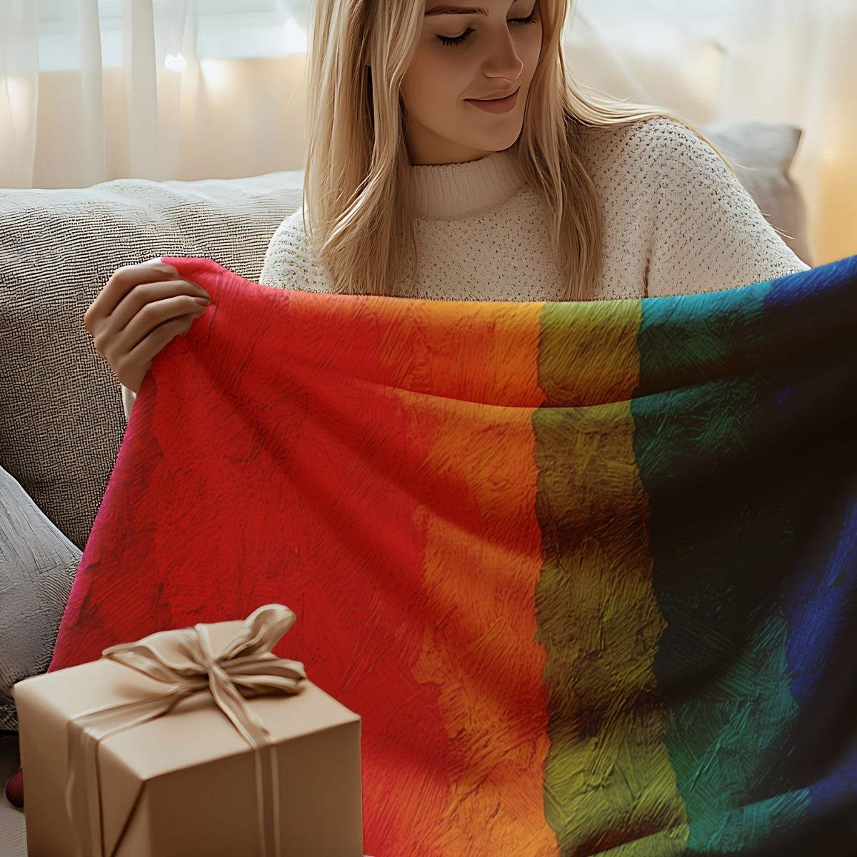 1pc Ultra-Soft Flannel Rainbow Throw Blanket - Vibrant Gradient Color Design, All-Season Lightweight & Machine Washable, Contemporary Home Decor for Bed, Couch, Christmas Gift, Cozy Living Accessory, Bold Color Design, Soft Texture, Durable Fabric