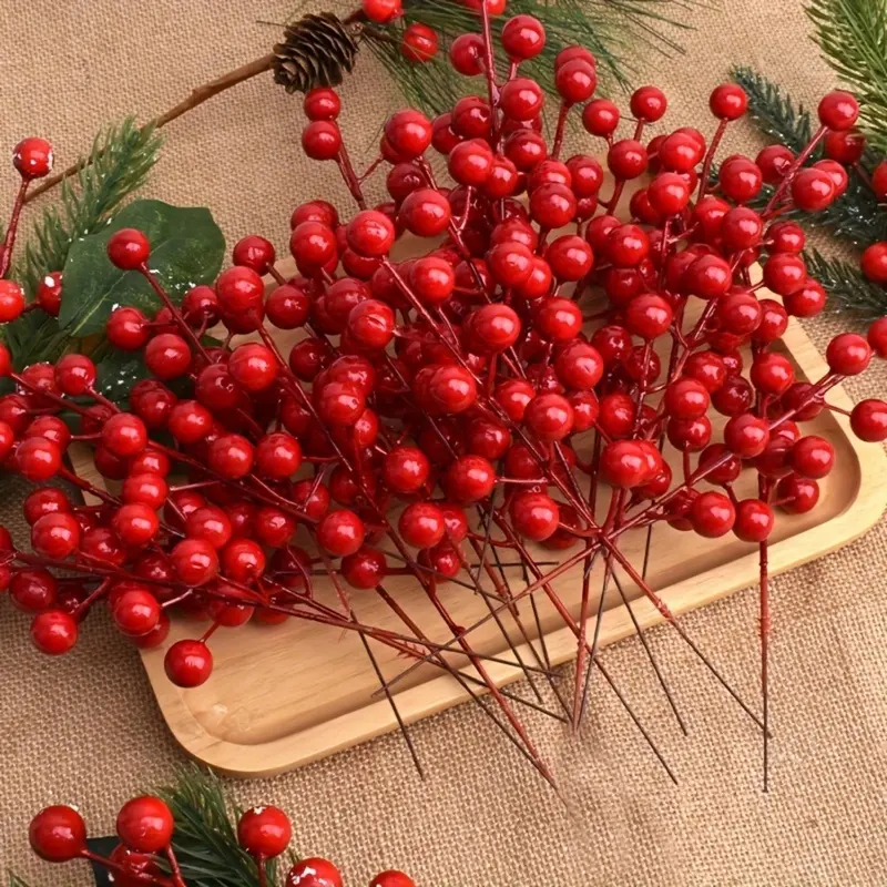 13/19Pcs Artificial Red Cherry Branches 8 Inch, Simulation Red Berry Stems for Christmas Tree Home Decor, Crafts Wedding New Year Holiday Ornaments