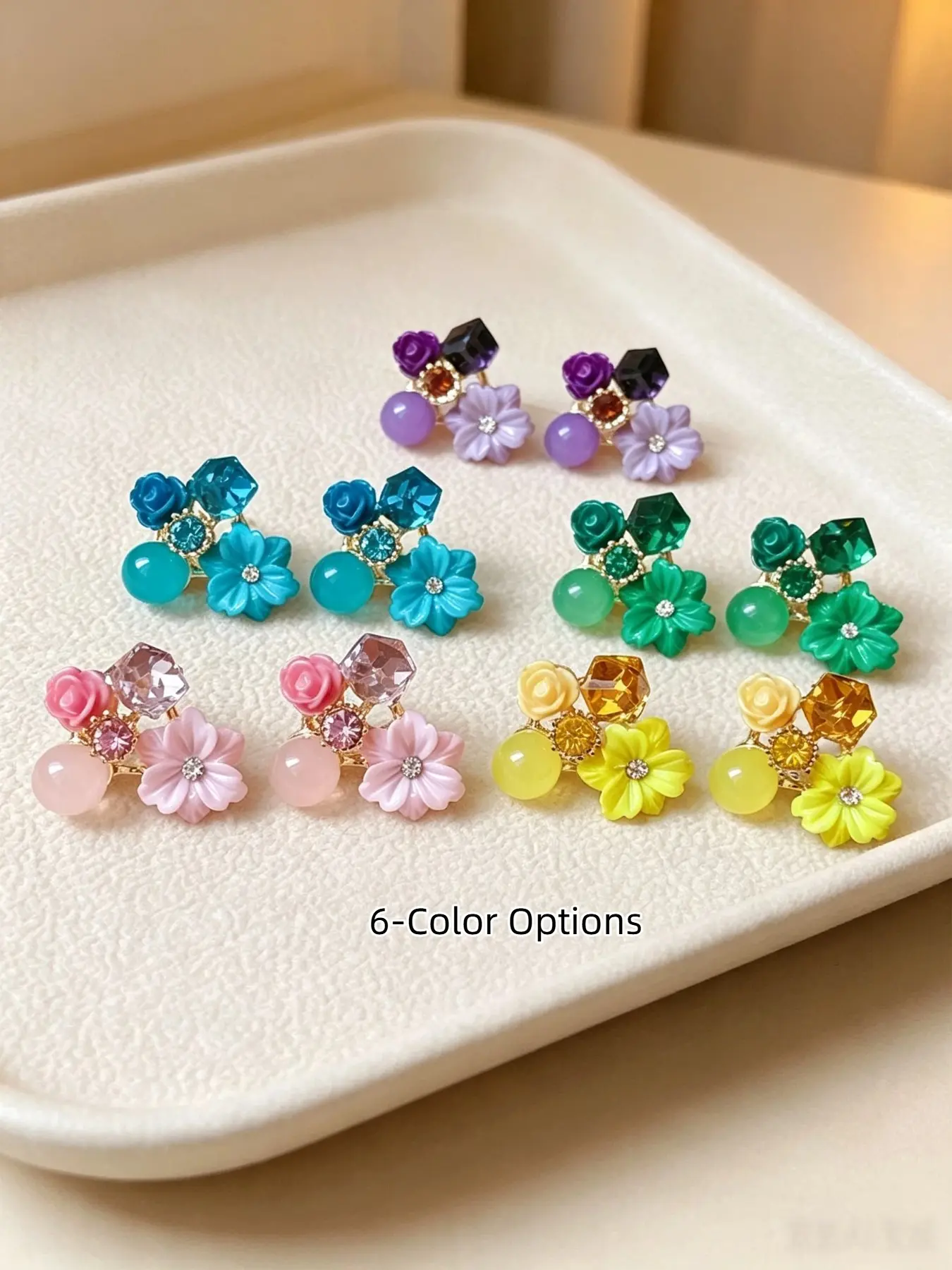 1 Pair Dopamine Colorful Flower Stud Earrings,6 Colors Available,Vintage 3D Resin Floral Faux Crystal Bead Earrings, Sweet Party Holiday Jewelry Gifts for Women Girls