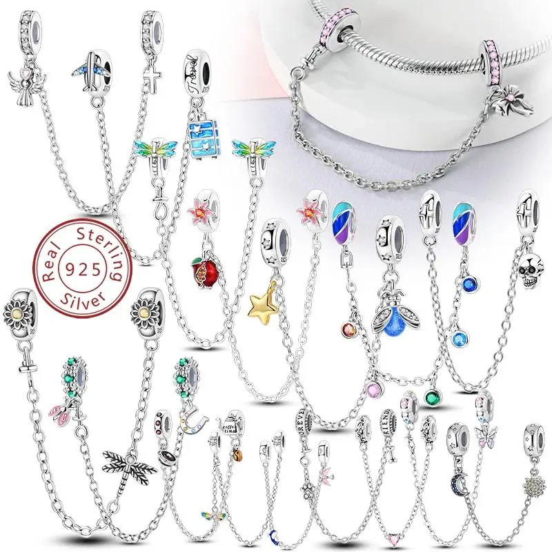 Women's 925 Sterling Silver Safety Clasp Chain Clip Charm Bead - Heart, Bow, Star, Moon Designs - DIY Bracelet Accessory, Girl's Jewelry Gift