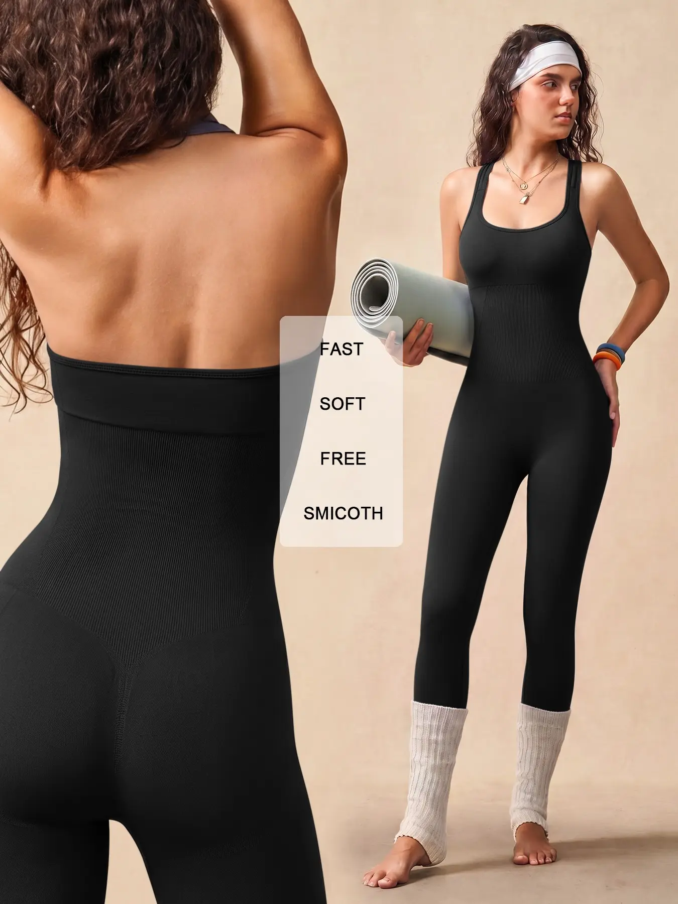Women's Backless Halter Top Round Neck Slimming Lifted Butt Sports Bodysuit, High Stretch Breathable Yoga Running Fitness Wear