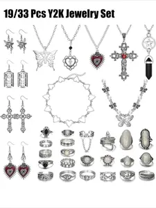 33 Pcs Grunge Vintage Punk Jewelry Set, Gothic Fairy Butterfly Boho Crystal Y2K Cross Pendant Heart Choker & Stackable Knuckle Rings, Adjustable Y2K Accessories for Women & Men