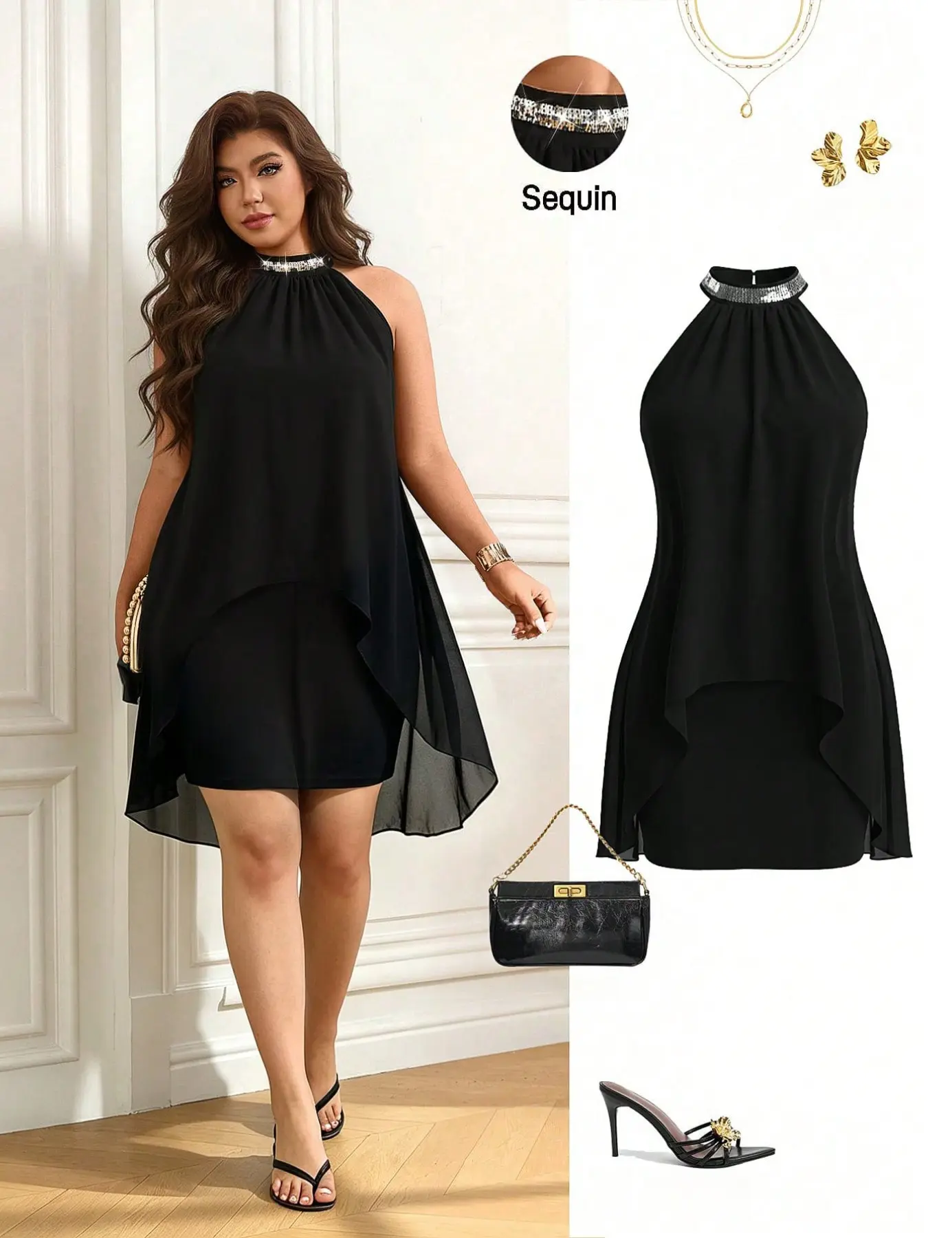 Plus Size Women’s Elegant Party Dress, Sequin Halter Neck Sleeveless Chiffon High Low Dress, Flowy Black Mini Dress for Cocktail, Dinner, Date Night and Special Events
