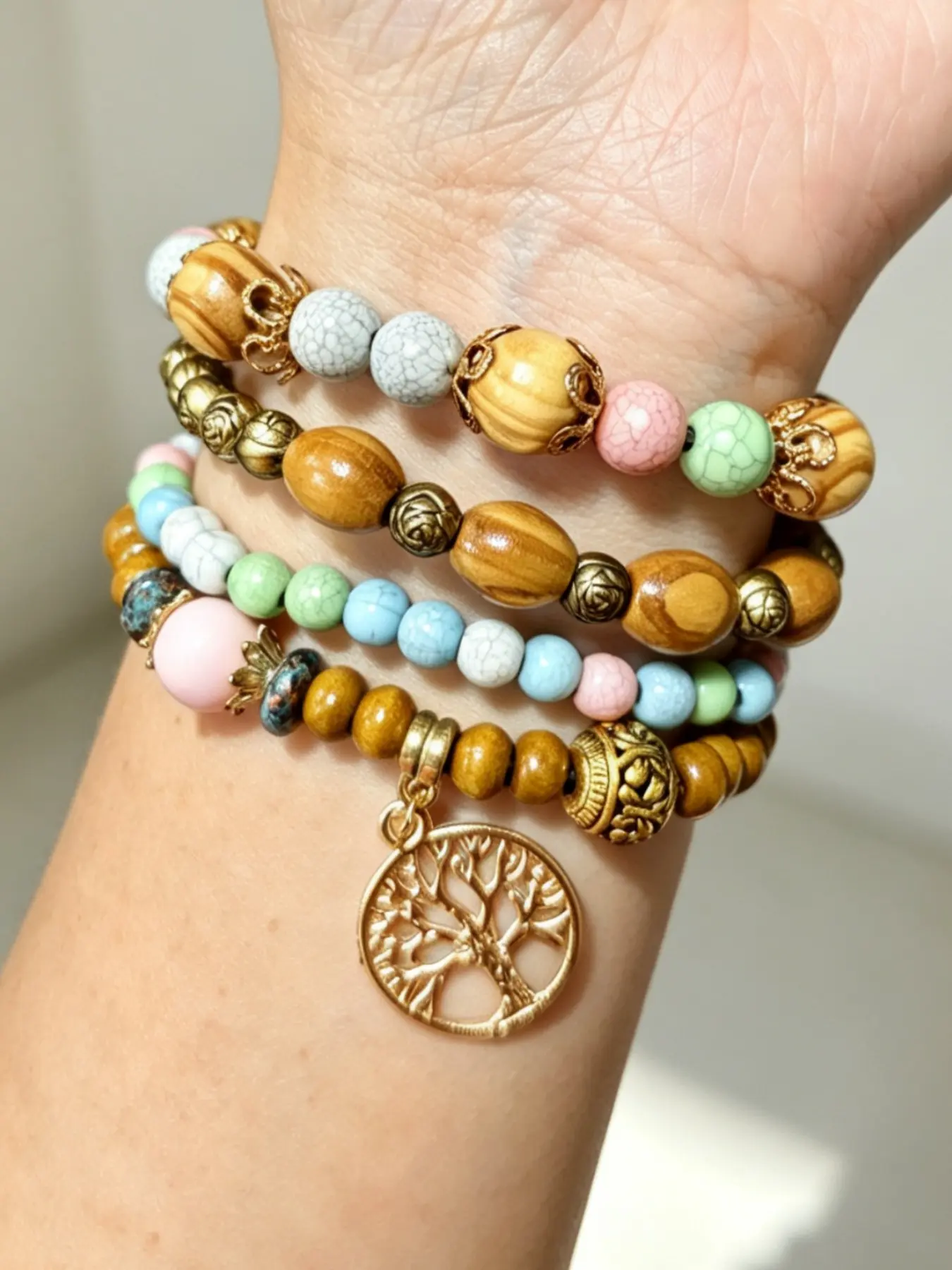 Bohemian Style Life Tree Beaded Bracelet, Crack Turquoise, Natural Wood Beads, Vintage Rose Gold Spacer, Fringe Pendant, Multi-Layered