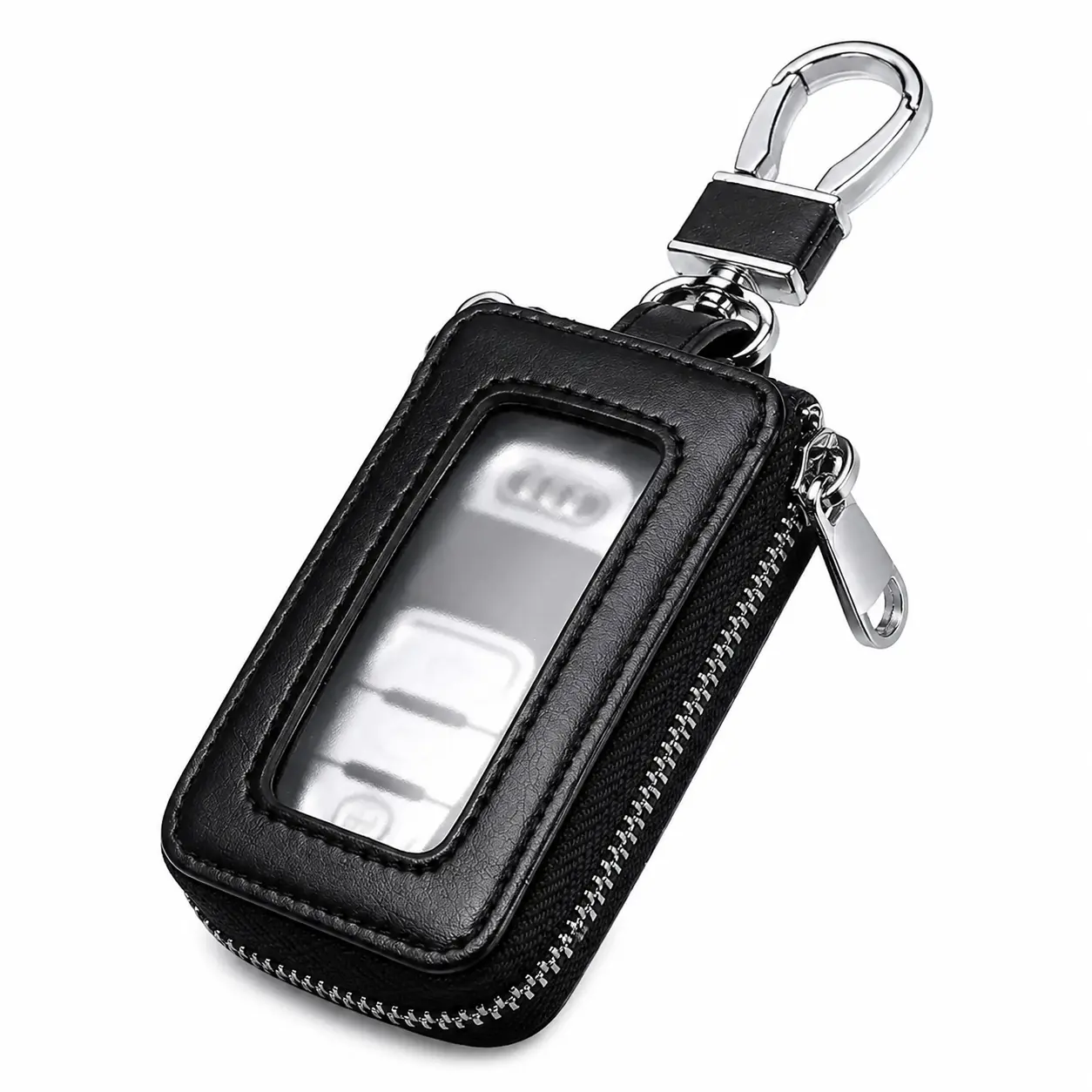 Premium Black Car Key Case with Mirror-Finish Zipper Closure, Compact Universal Key Holder Pouch Featuring Durable Polyester Fabric, Secure Key Ring Attachment, and Sleek Minimalist Design for Daily Use by Men and Women