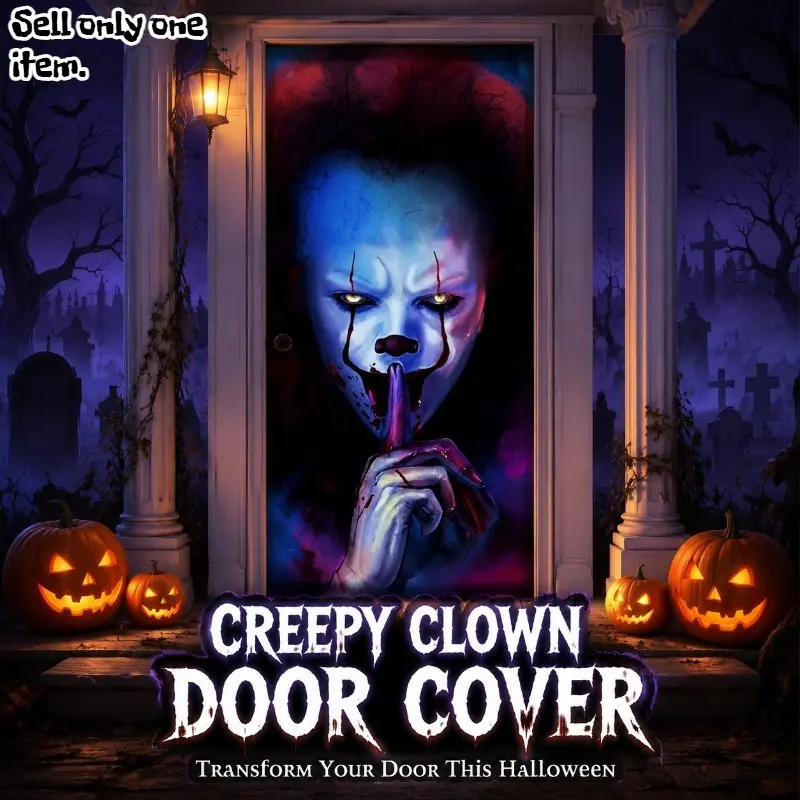 1PC Creepy Horror Clown Halloween Door Cover Banner Scary Front Door Porch Background Decoration for Haunted House Party Prank