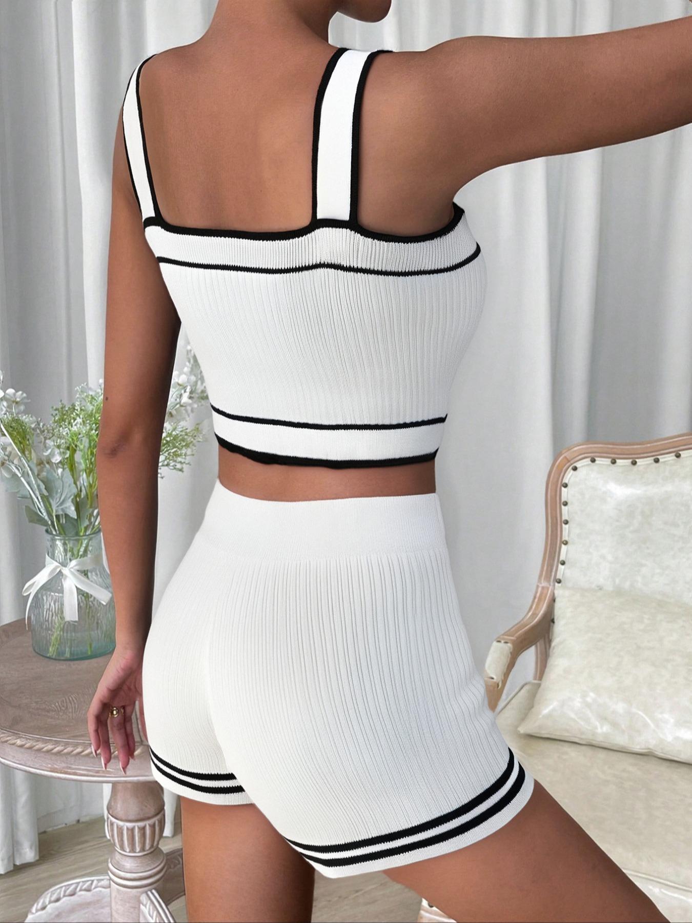 Women's Knit Two-Piece Set Vest Top & Colorblock Shorts, Casual Elegant Fitted Short Summer Spring