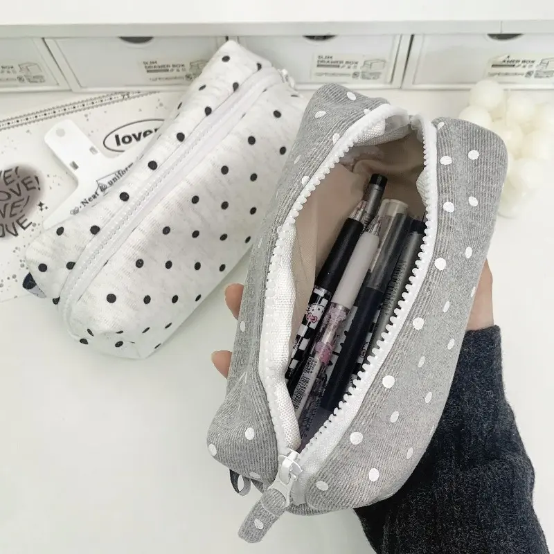 Korean Polka Dot Square Pencil Case, Pencil Pouch, Viral Ins Aesthetic Cute Stationery Box for Teen Girls, Thick Square Block Large-Capacity Pen Storage Bag, Wear-Resistant Fabric, Smooth Zipper, Minimalist Tone, Ideal for Junior High Classes & Daily Use