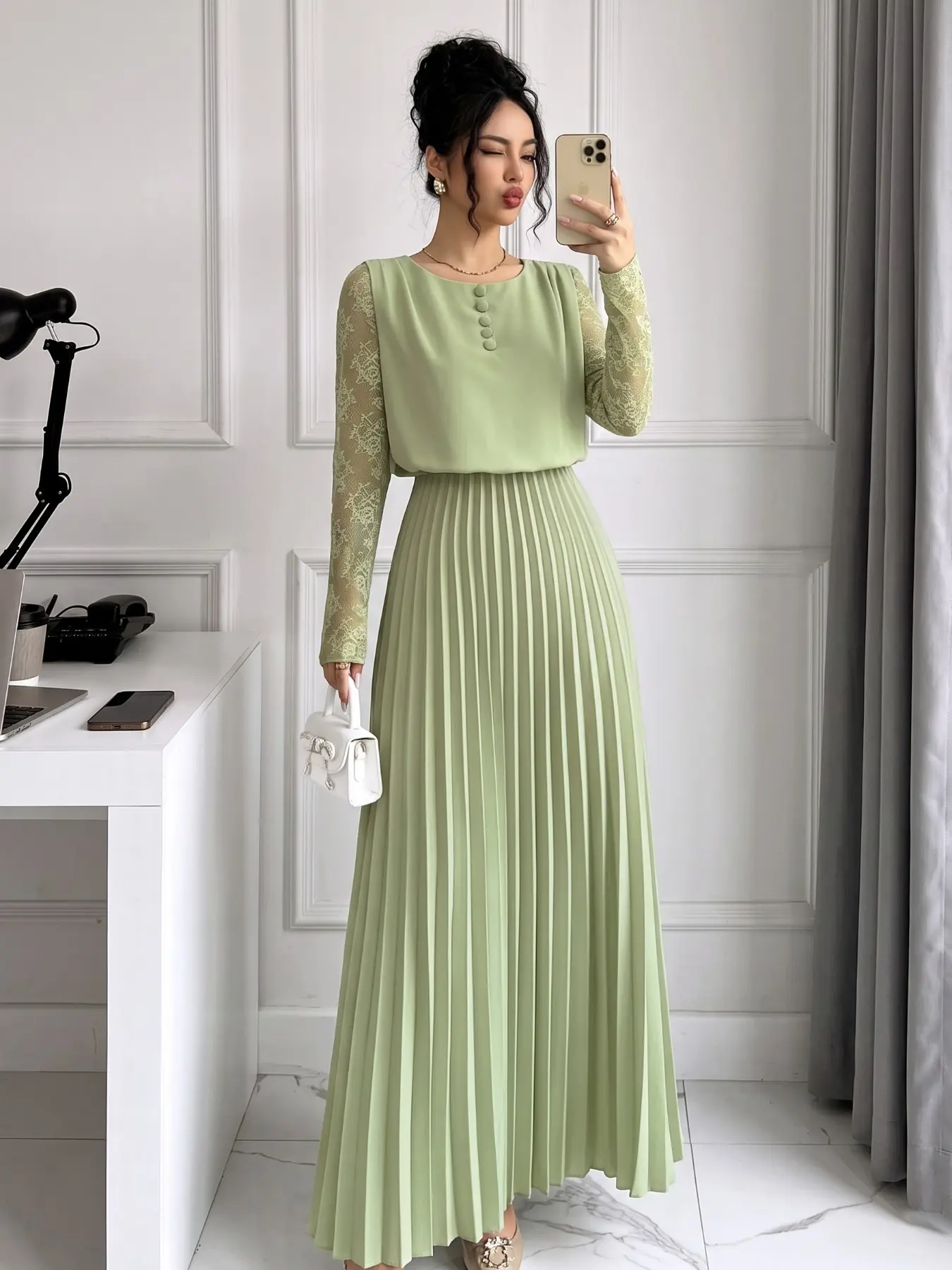 Round Neck Buttoned Lace Long Sleeve Dress, Elegant Chic Office Style, Floral Lace Insert Sleeves, High Waist Flowy Skirt Set