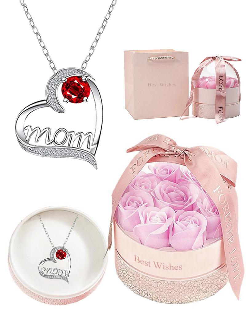 Creative Artificial Crystal & Rhinestone Decor Heart Pendant Necklace, Engraved Letters Necklace with Romantic Box & Flower, Summer Jewelry, Fashionable Matching Jewelry Gift for Mom, Gifts for Girlfriend Valentine Gifts For Gf