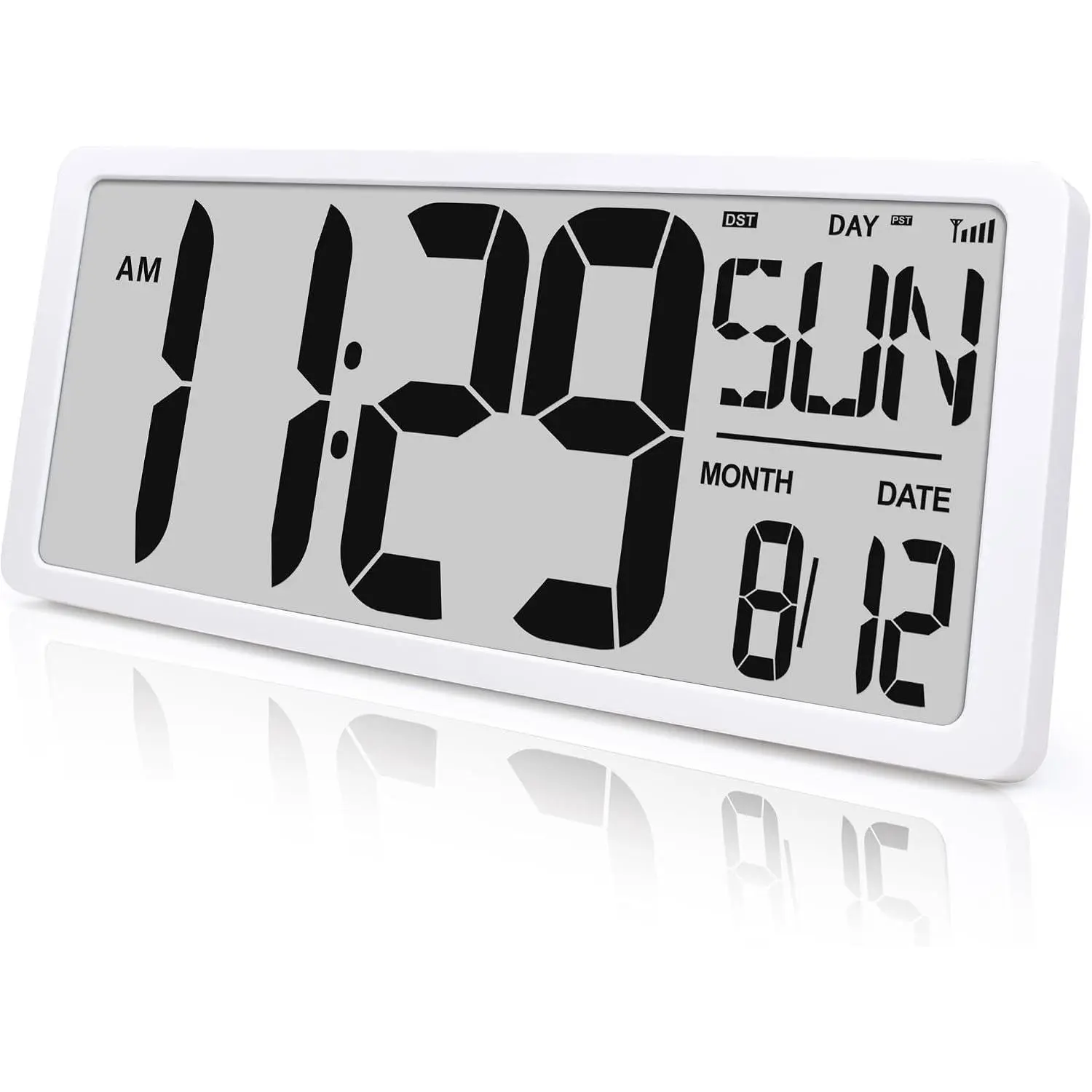 Atomic Wall Clock, Digital Display with Day, Date, Month, DST , White Frame