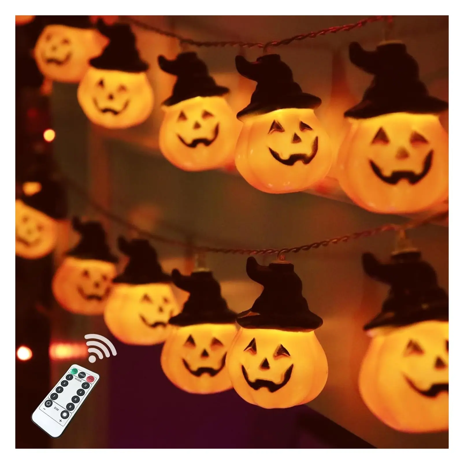 Halloween Pumpkin String Lights, 20 LED 16.4ft Battery Operated with Timer, 8 Modes, 3D Waterproof Jack-O-Lantern with Witch Hat, Flickering Lights for Indoor Outdoor Party DecorGift