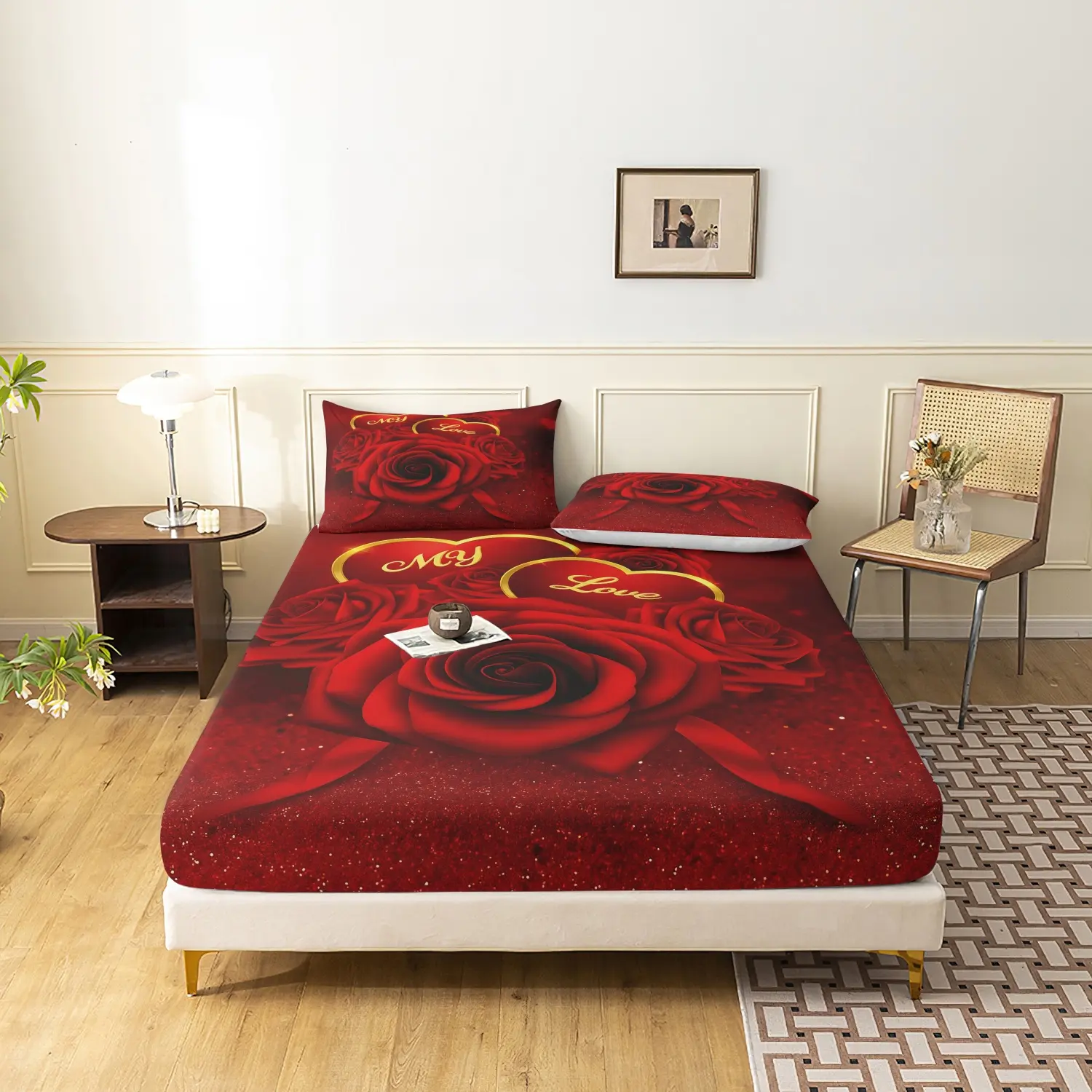 3Pcs Red Rose Love Heart Fitted Sheet Set, Floral Bedsheets, Golden Double Heart Floral Printed Bedding Cover, Soft Microfiber Bedding For Bedroom Home Decoration, Multiple Sizes Available (1 Fitted Sheet + 2 Pillowcases No Comforter No Pillow)