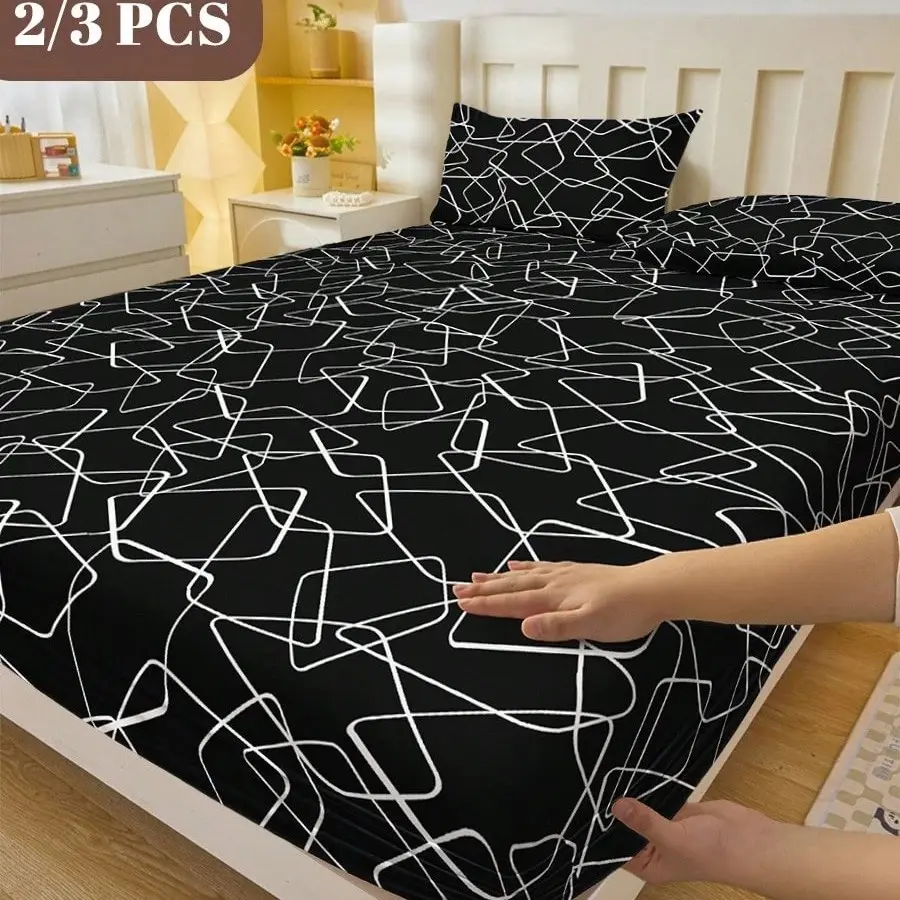3pcs Line geometry Printed Breathable Fitted Sheet Set, Bedding, Bed Sheets Set, Soft And Comfortable Bedding, Skin-Friendly Bed Cover Set, Mattress Protector For Bedroom, Room Decor, For All Season, Fits Twin Full King Queen Size Bed,