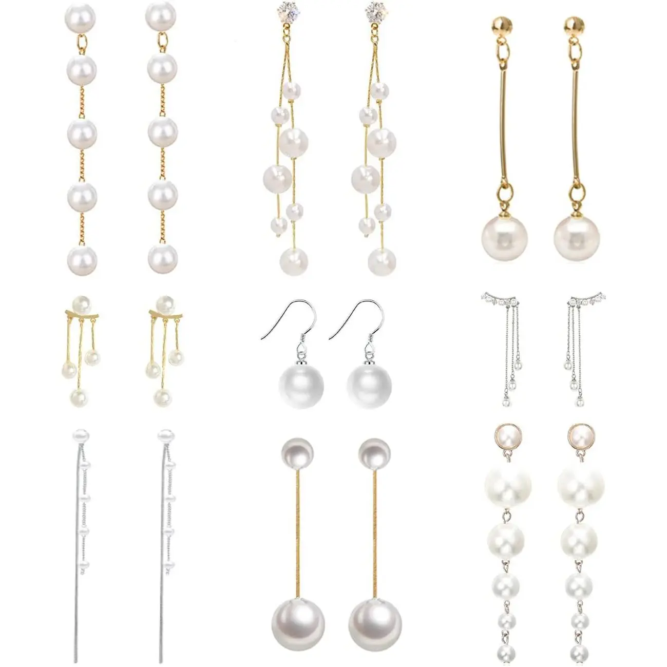 9 Pairs Big Simulated Pearl Long Tassel Drop Earrings for Women Double Sided Front Back Pearl Earrings Cross Imitation Pearl Dangle Earrings