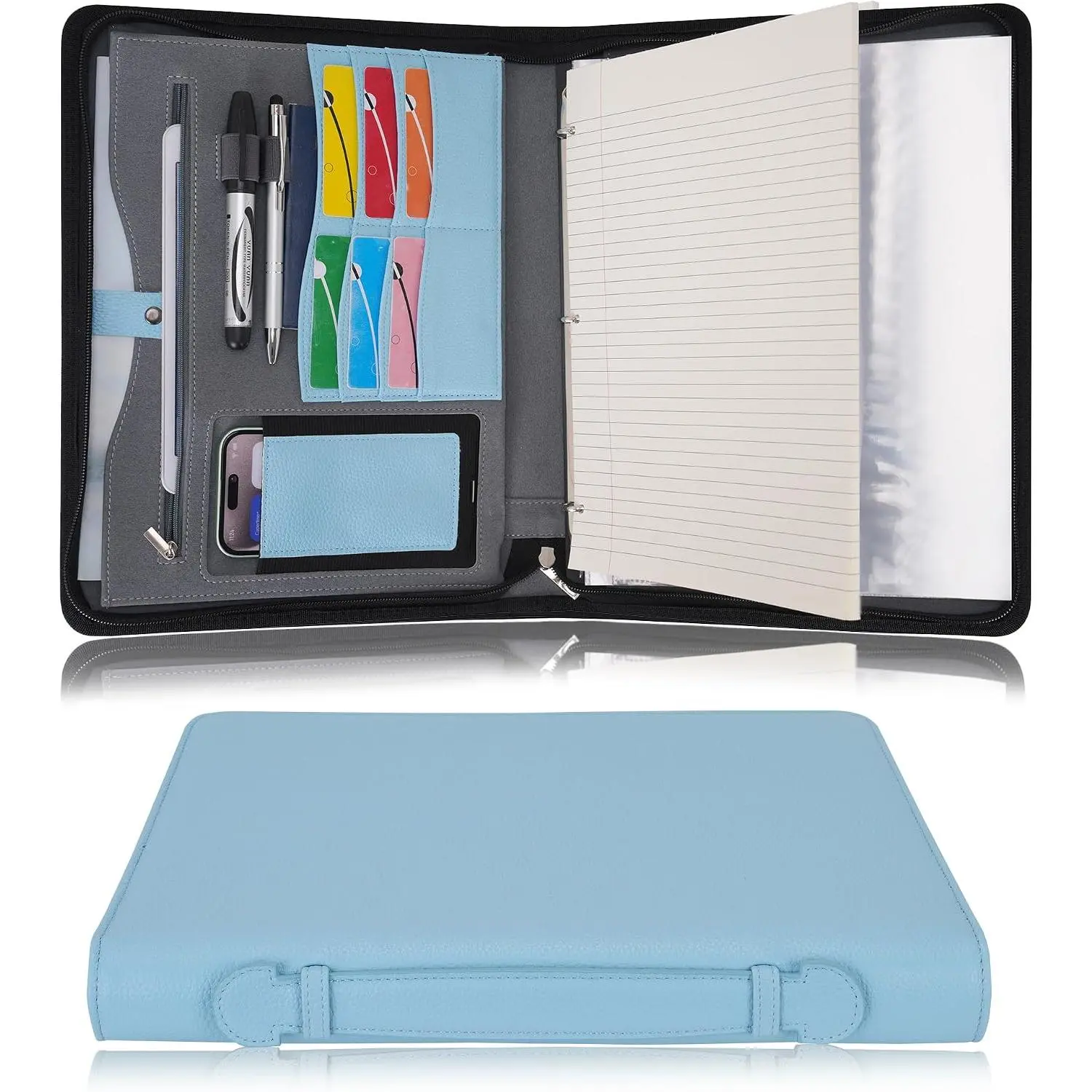 Travel Zippered Portfolio 3 Ring Binder A4 Padfolio Document Case with Removable Clipboard Legal Pad Holder, Business Office School Organizer for Men and Women (Black)