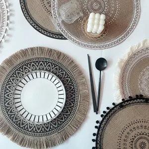 Round Linen Placemat with Tassels, Boho Style Heat Pad for Festive & Daily Use