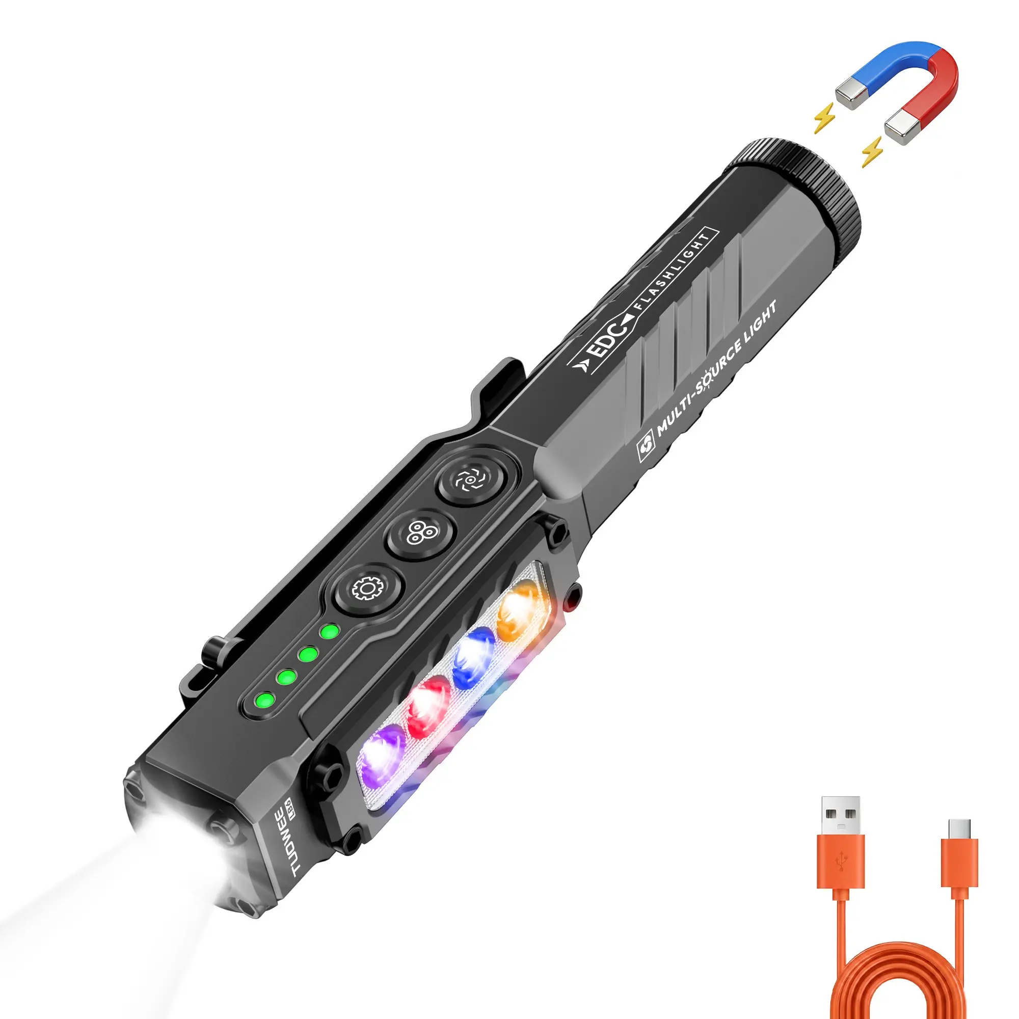 Rechargeable Edc Flashlight, 1200lm Super Bright LED, 19 Modes, UV//blue Light, Magnetic Base, Ipx4 Waterproof, USB-C, Pocket Clip