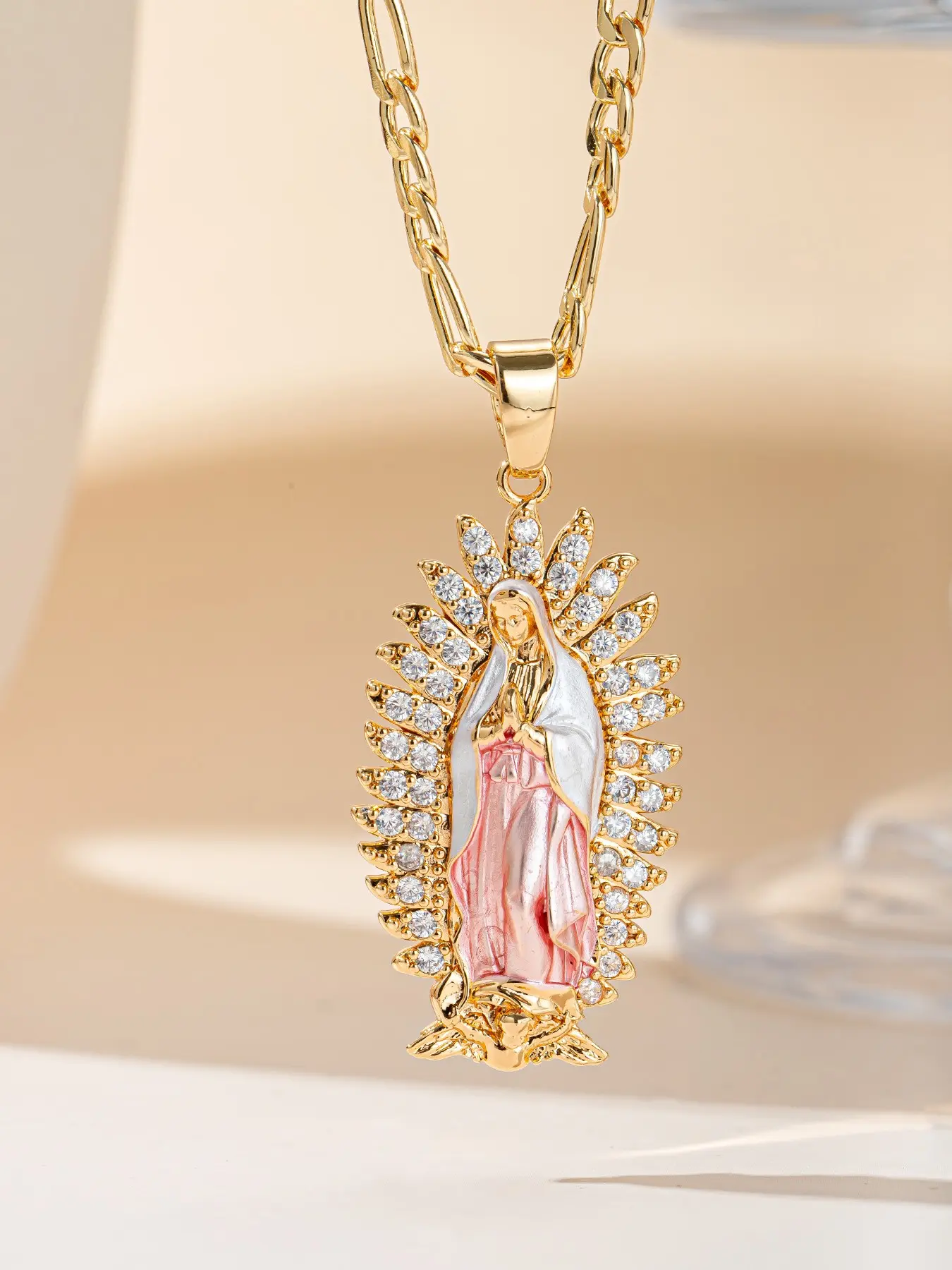 Elegant Virgin Mary 14K Gold Silver Pendant Necklace Gift with Cubic Zirconia, Religious Jewelry for Easter and Mother’s Day