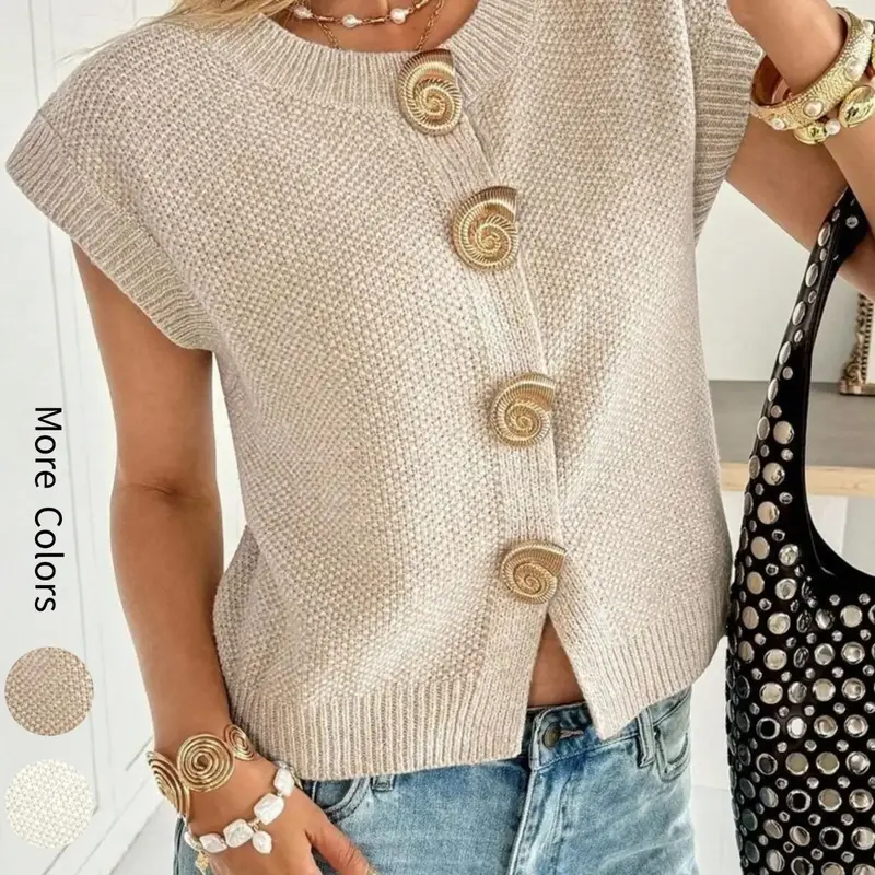 Women's Round Neck Button Front Knitted Cardigan Knit Vest Spring Summer Casual Everyday Loose Fit Solid Color Loose Fit Daily Wear Stylish Knit Top, Women Summer Tops, Summer Cardigan For Women, Loose Fitting Knit, Knitwear