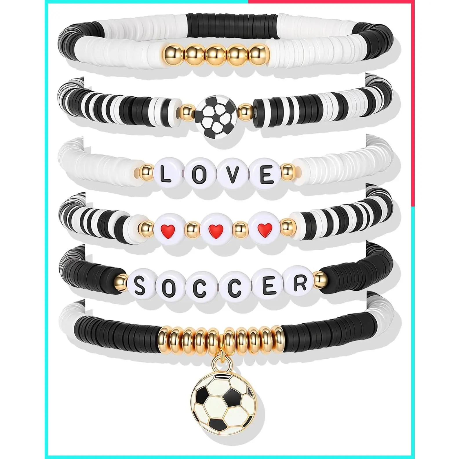 7Pcs Stretch Sports Beaded Bracelet Stack Set with Charms for Soccer, Baseball, Basketball, Softball, Volleyball, Tennis, Football Fans - Game Day Jewelry