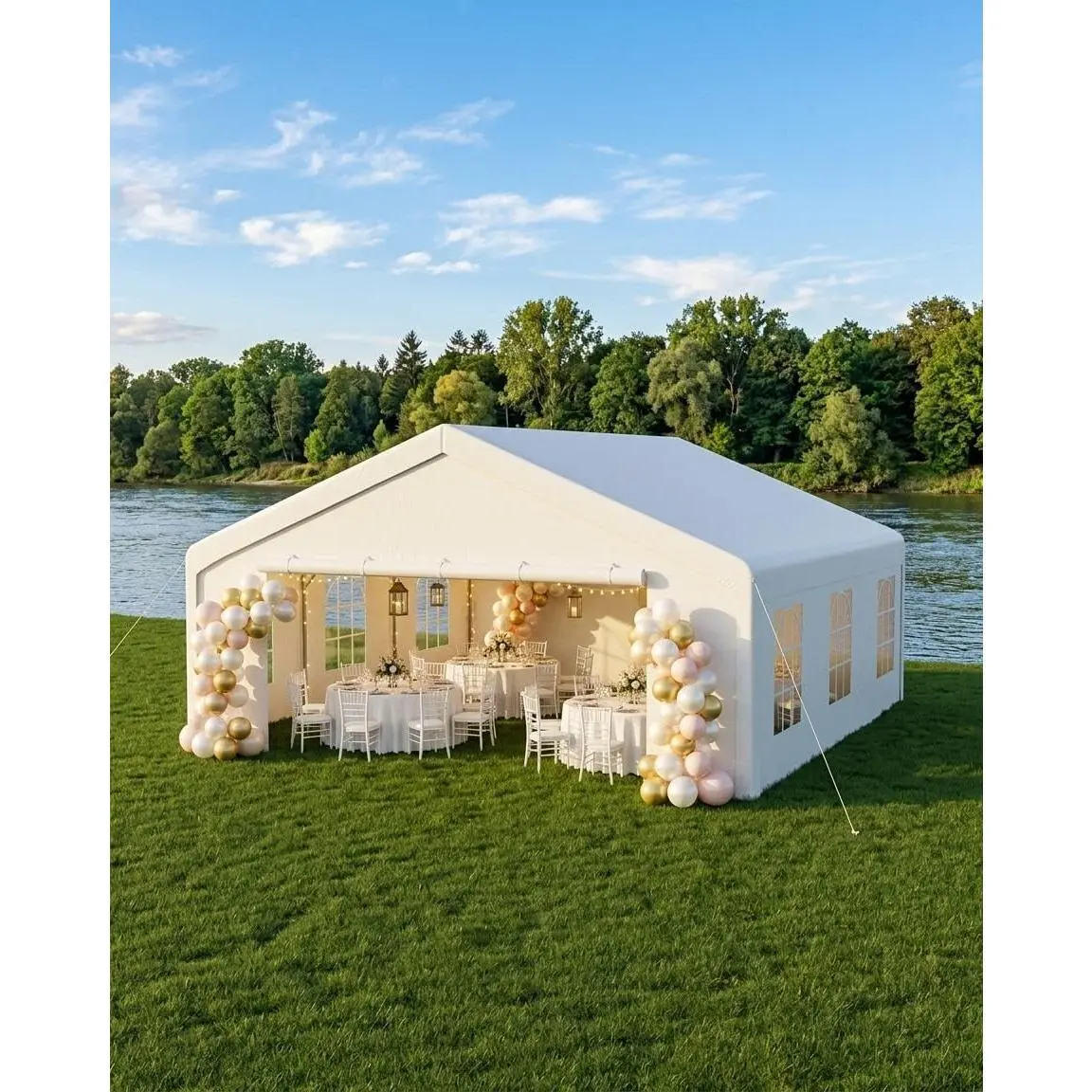 Heavy Duty Party Tent with Windows, 20x20 FT Large Outdoor Event Gazebo, Waterproof Canopy Shelter with Mesh Screen & PE Dual-Door, Galvanized Steel Frame for Wedding & Commercial Party, UV Protection, Detachable Sidewalls