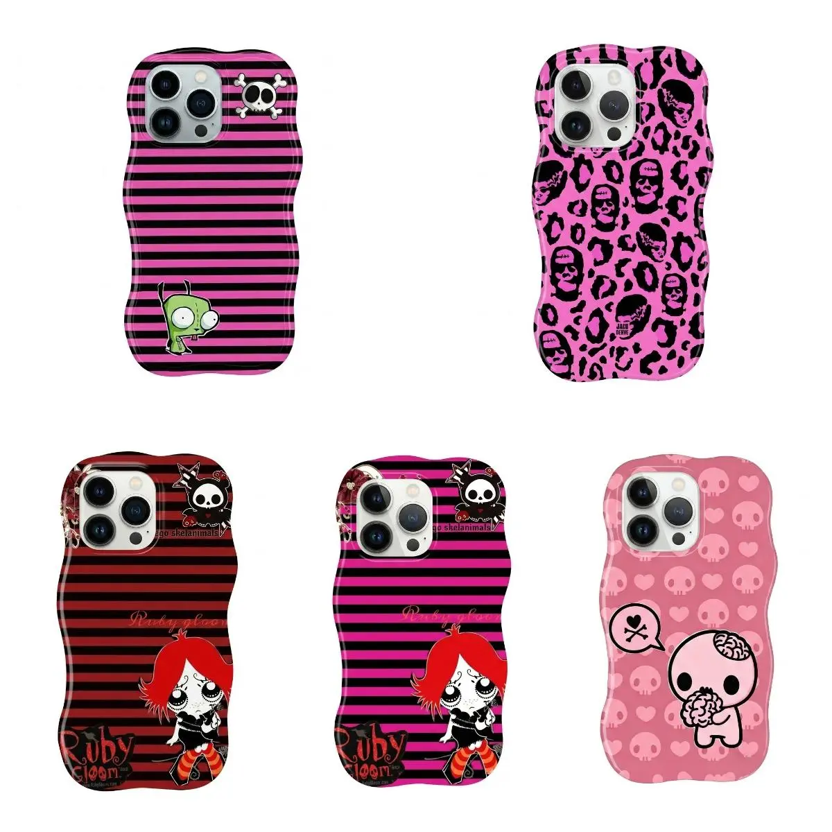 Y2k Kawaii EmO Z0mble Phone Case Wavy Film Shell l Pink Black Polka Dot Skull PatternProtective Cover For iPhone 11 12 13 14 15 16 17Pro Max For Samsung S26 S25 S24 S23 S22-Gift Ideas For Her/Him