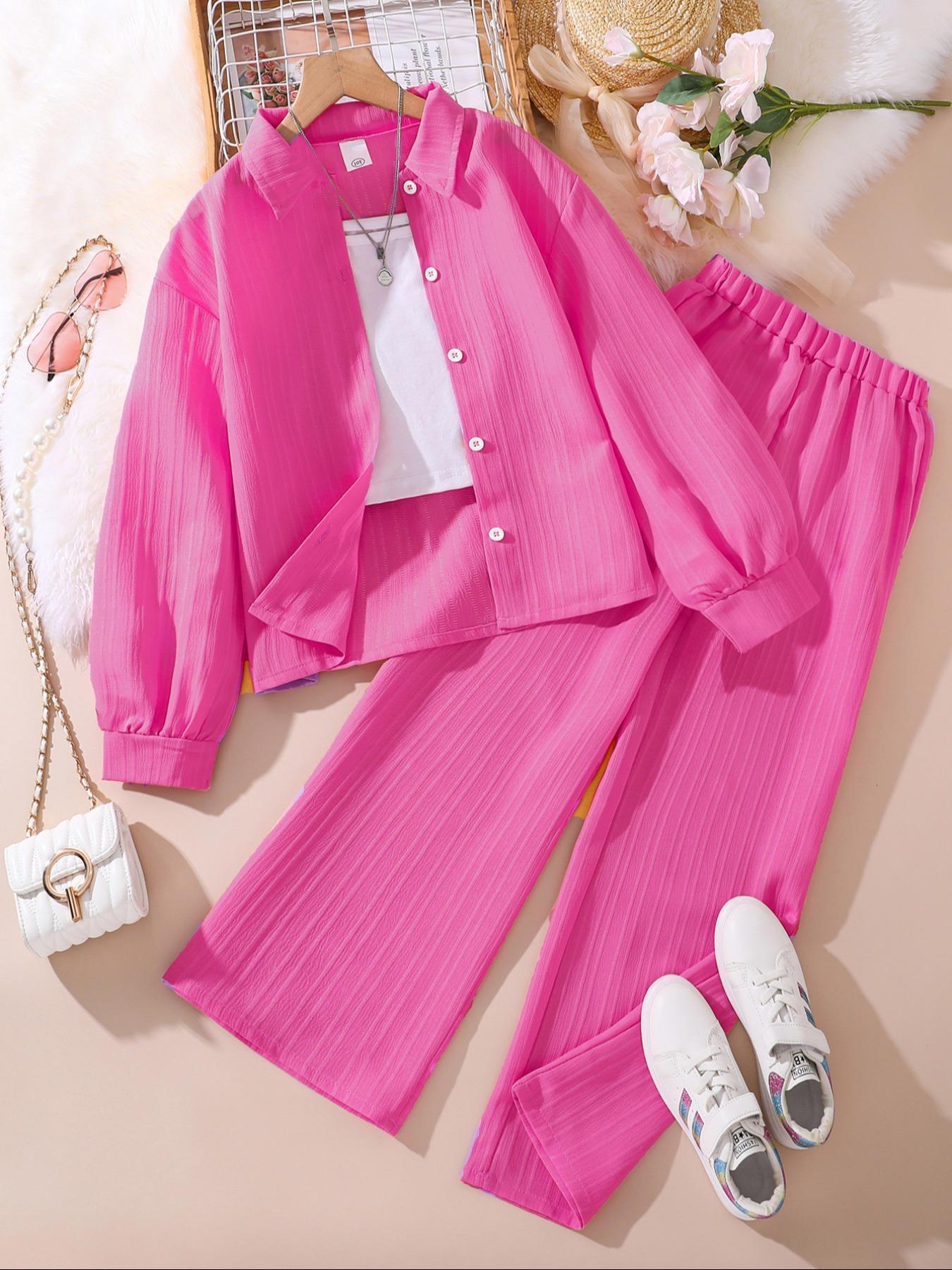 Two-piece Set Girl's Solid Color / Bow Pattern Shirt & Pants Set, Suits, Casual Long Sleeve Collared Top & Trousers for Spring & Fall, Kids Clothes for Daily Wear