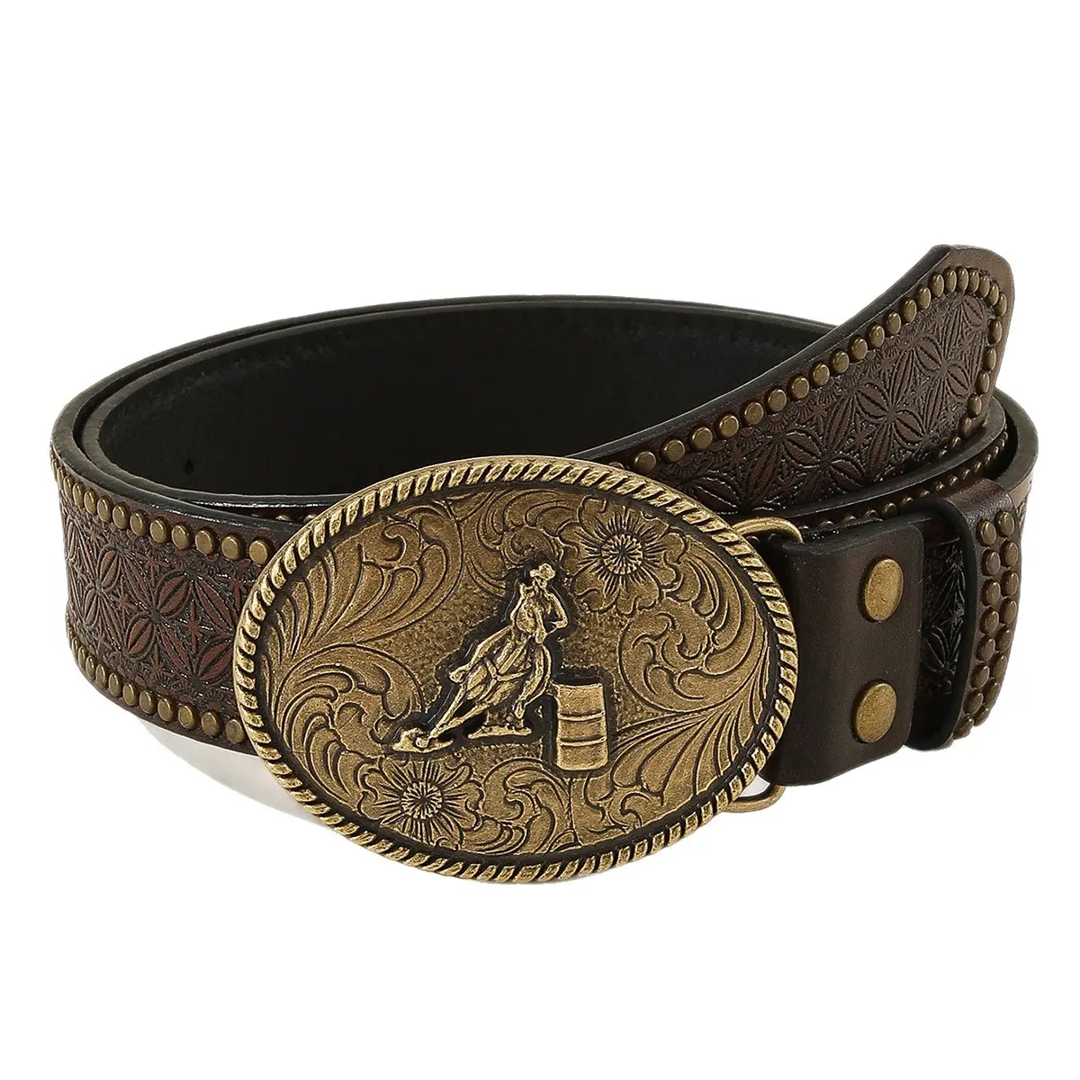 Western Cowboy Rodeo PU Leather Belt, Barrel Racing Rider Engraved Oval Buckle, Floral Embossed & Rivet Trim Strap, Vintage Unisex Waist Belt for Country Jeans Outfits