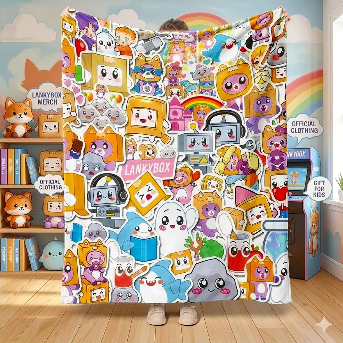 Lankybox Foxy Boxy Rocky Flannel Blanket, Funny Cartoon Gaming Soft Plush Throw for Kids Bed Sofa Couch, Cute Roblox Playroom Decor, Quirky Home Office Travel Picnic Birthday Gift for Children