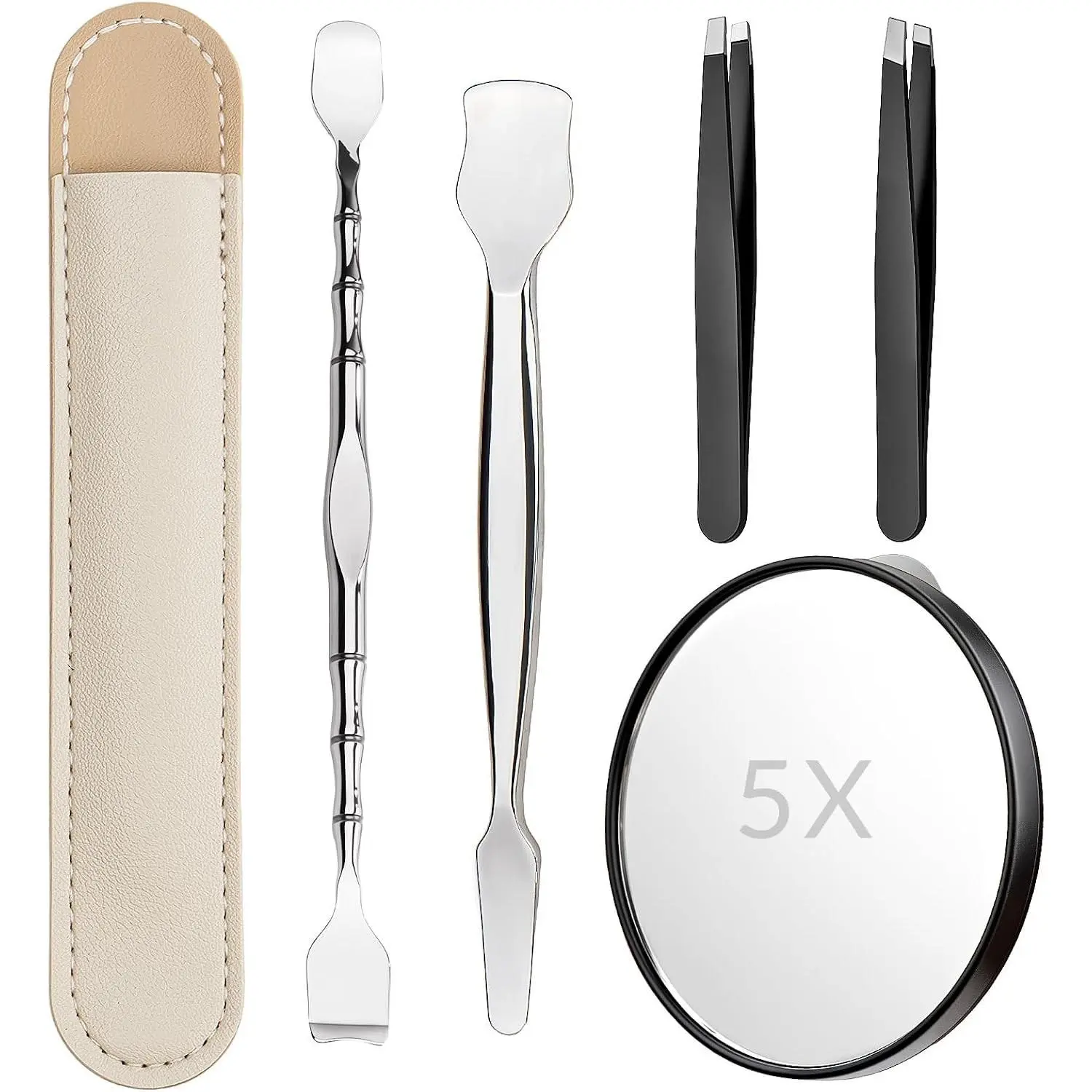 Blackhead Remover Pore Prep Tool Kit, 5PCS: 2× Blackhead Shovels, 2× Hair Tweezers, 1× 5X Mirror, Pimple Popper Tool, Stainless Pore Scraper, Comedone Extractor Tweezer Kit for Acne, Blemish (Black)