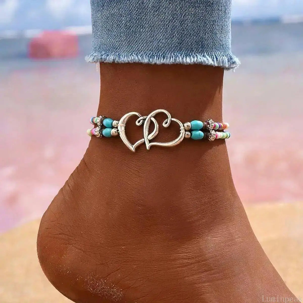 Women's 3PCS Metal Coated Alloy Anklet Set with Exquisite Beads & Heart Charm, Multi-Layered Boho Chic Design, Ideal for Beach Wear, Wedding Gifts for Women, Accessories For Women,summerwins
