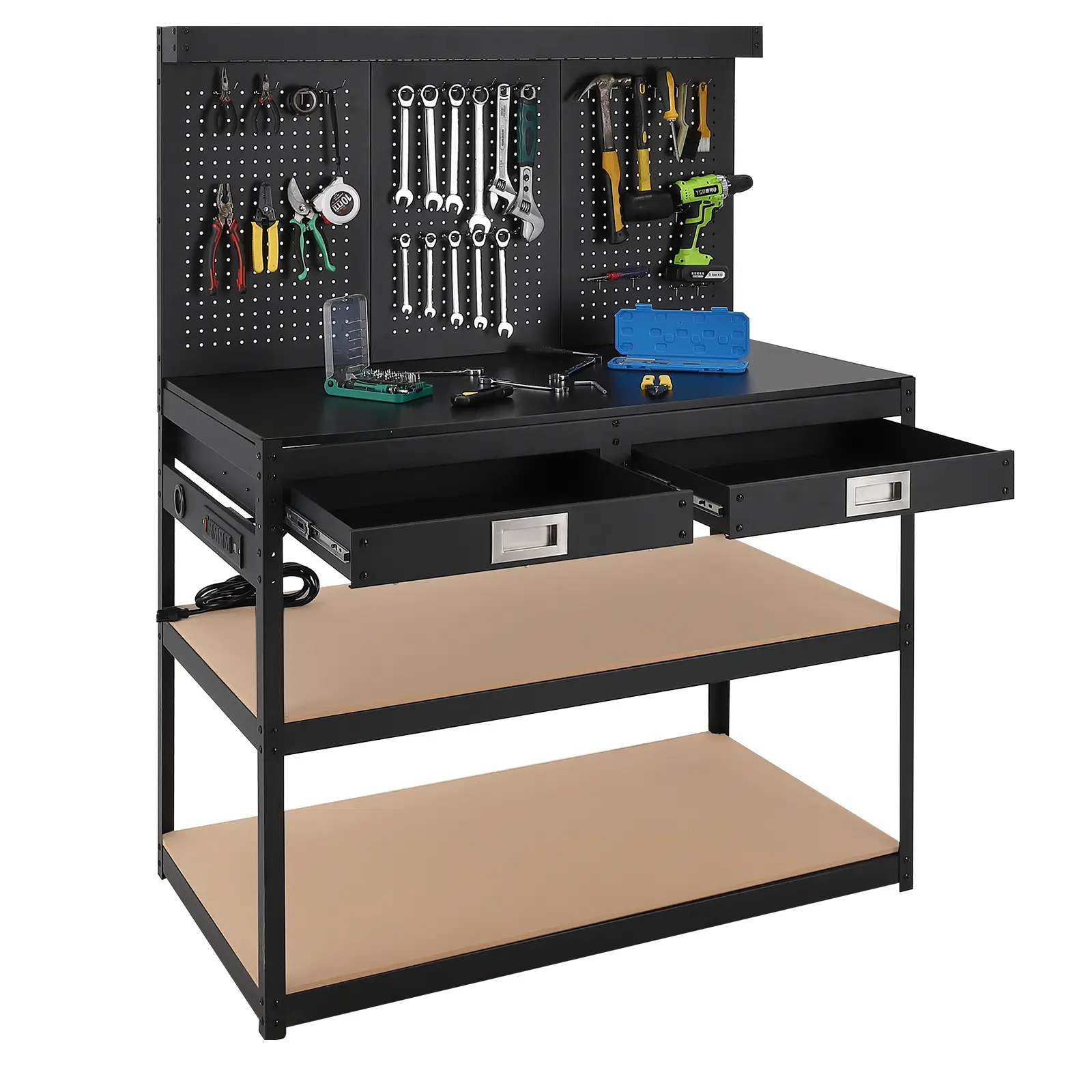 Workbench with Pegboard, 48" x 24" Heavy Duty Work Bench with 2 Large Drawers and 2 Storage Shelves, Garage Tool Organizer with Power Outlets for Workshop, Warehouse, Basement, Home