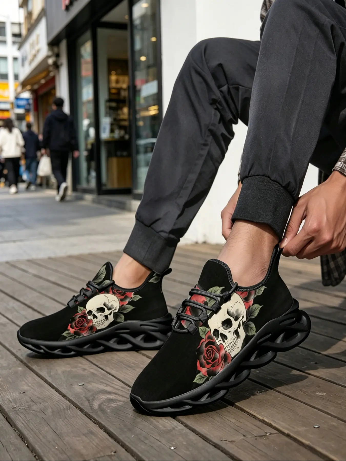 1 Pair Gender Neutral Cushion Platform Walking Shoes Black Gothic Real Rose Skull Graphic Trendy Aesthetic Light Breathable All Match Street Sneakers
