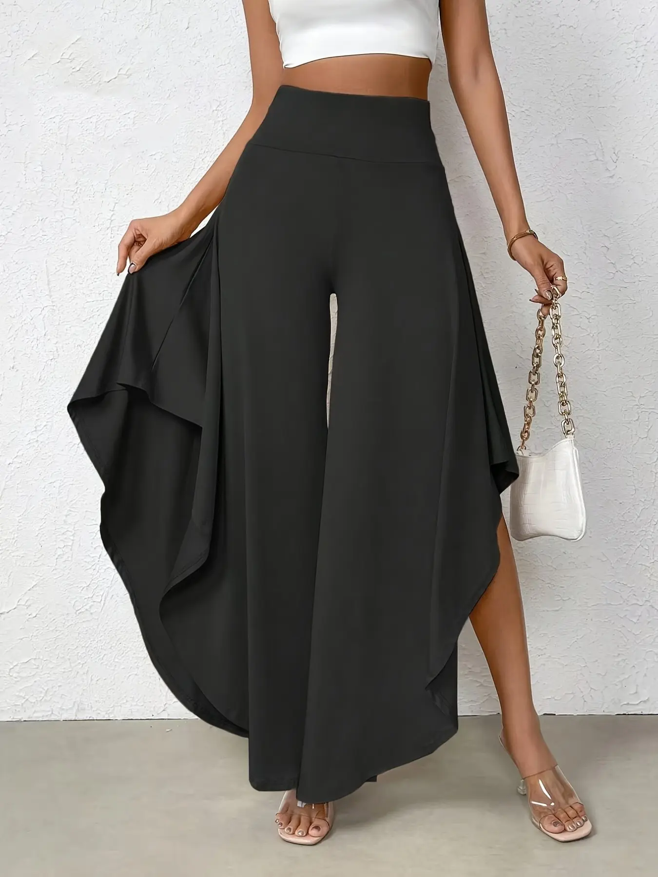 Women's High-Waisted Asymmetrical Hem Wide Leg Loose Solid Pants, Bottom, Fashionable Style Elegant Long Trousers, Stylish and Comfortable, Perfect for Daily Wear