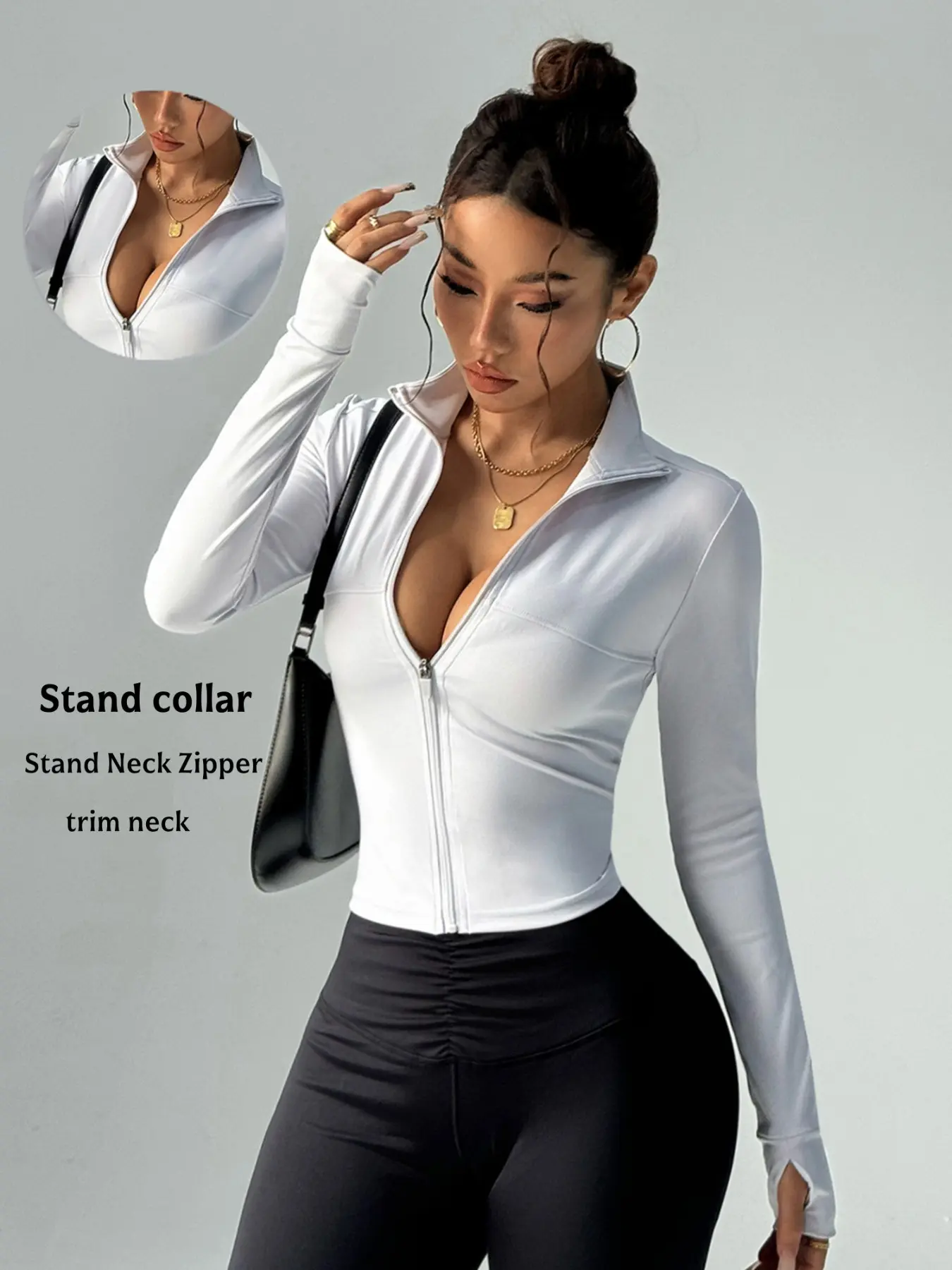 Women's Zipper Stand Collar Fitness Yoga, Quick-Dry Sportswear, Casual Workout Jacket, Fall Versatile Top, Waist Cinch, High Stretch Comfort