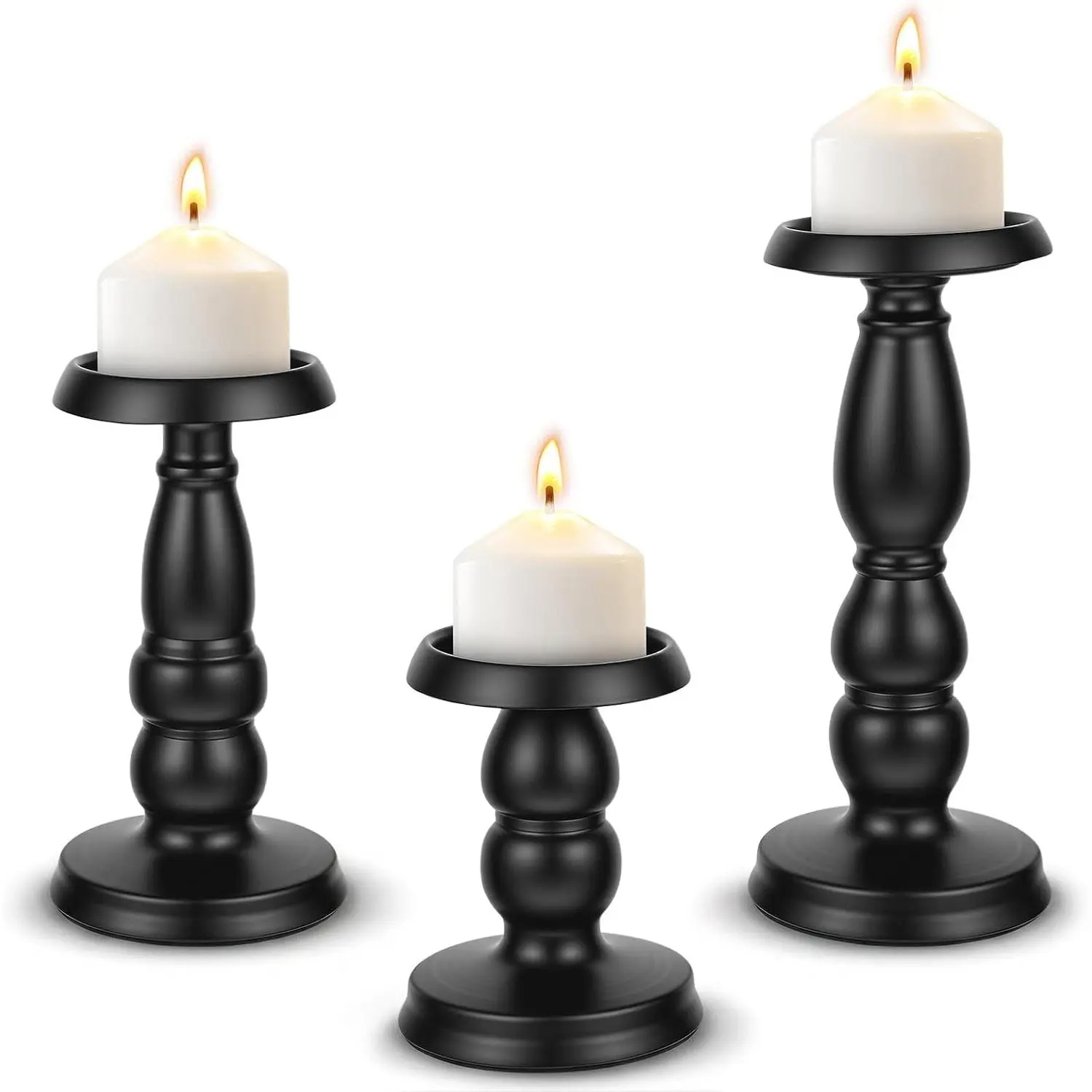 3 Pcs Matte Black Pillar Candle Holder Set Tall Iron Candlestick Holders for 3 Inch & 4 Inch Candles, Vintage Home Decor Centerpiece for Fireplace, Dining, Living Room